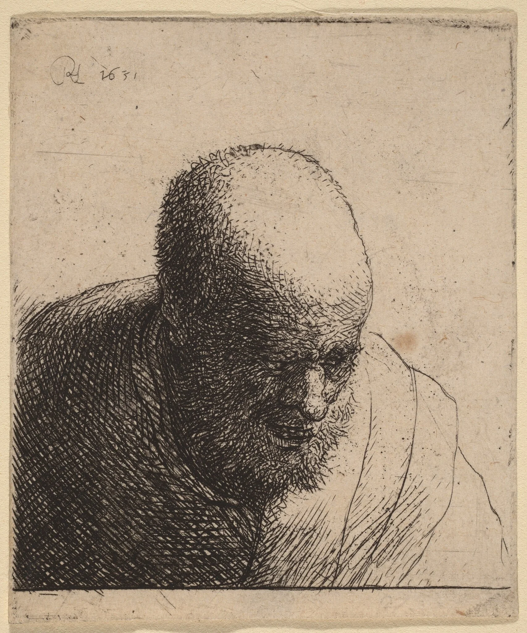 Bald Man with Open Mouth, Looking Down, by Rembrandt, ink, 1630