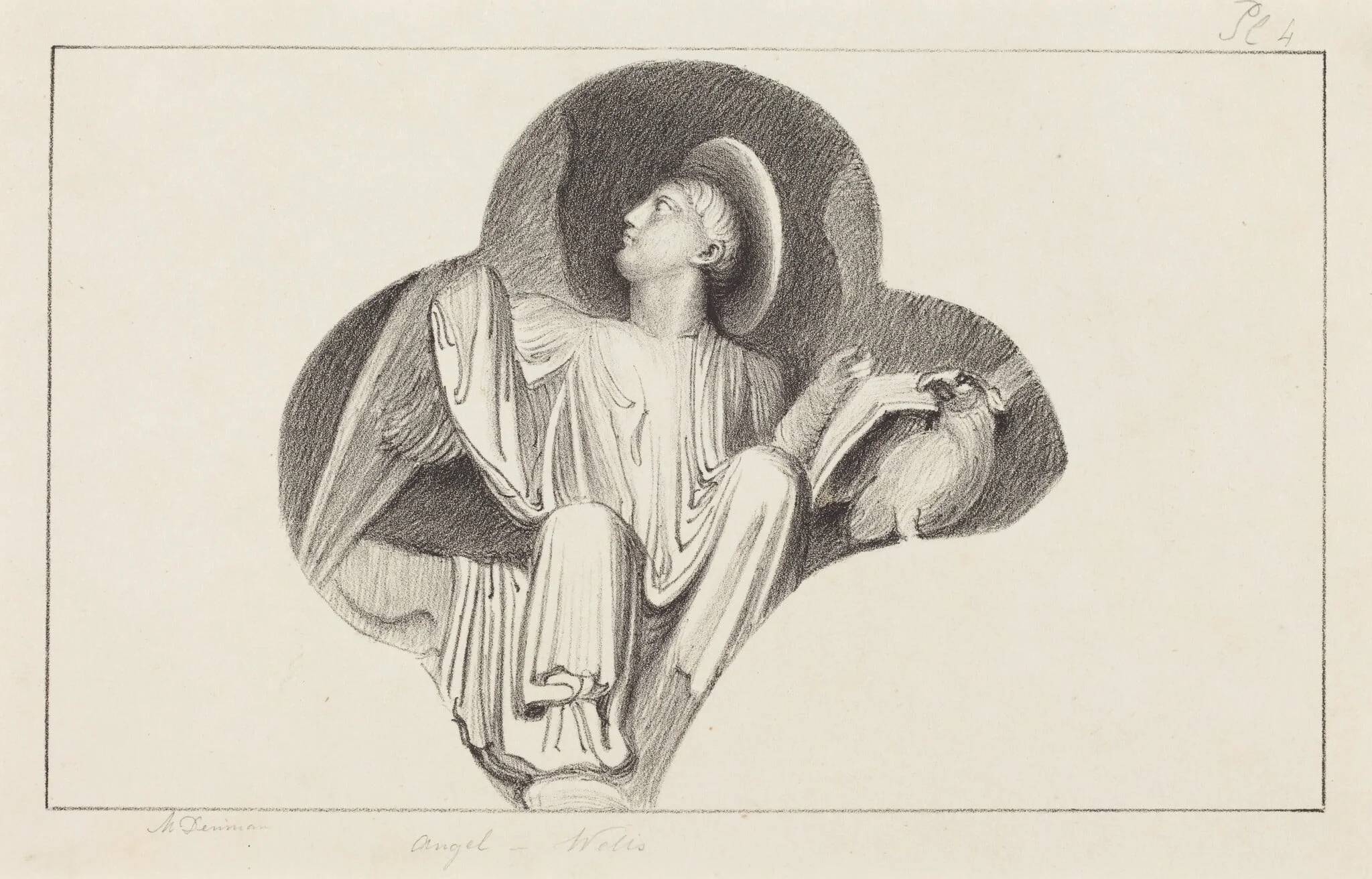 An Angel, from Wells Cathedral, by Maria Denman, ink, 1829