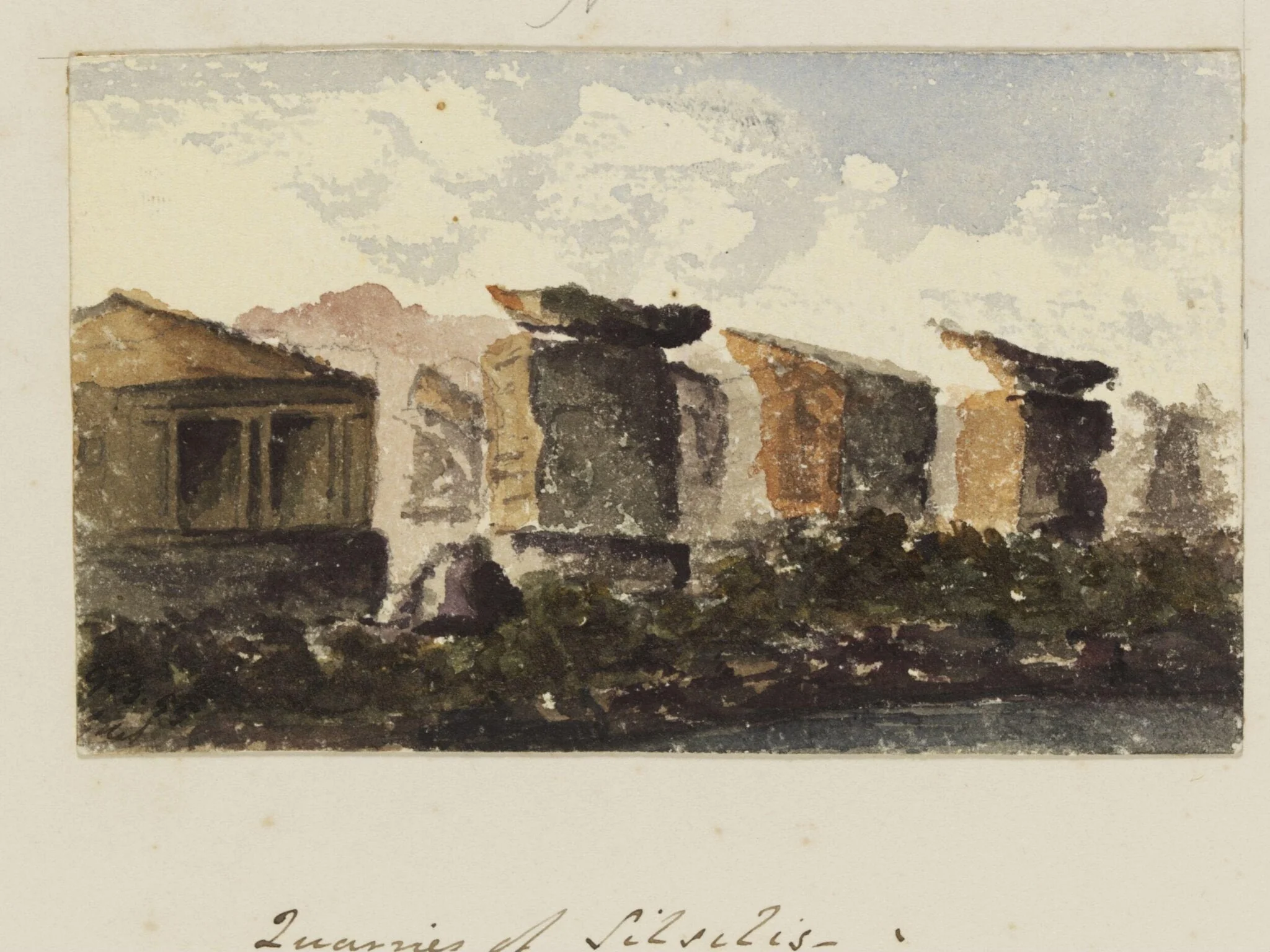 `Quarries of Silsilis - Thebaid', by George de Sausmarez, watercolor, 1855