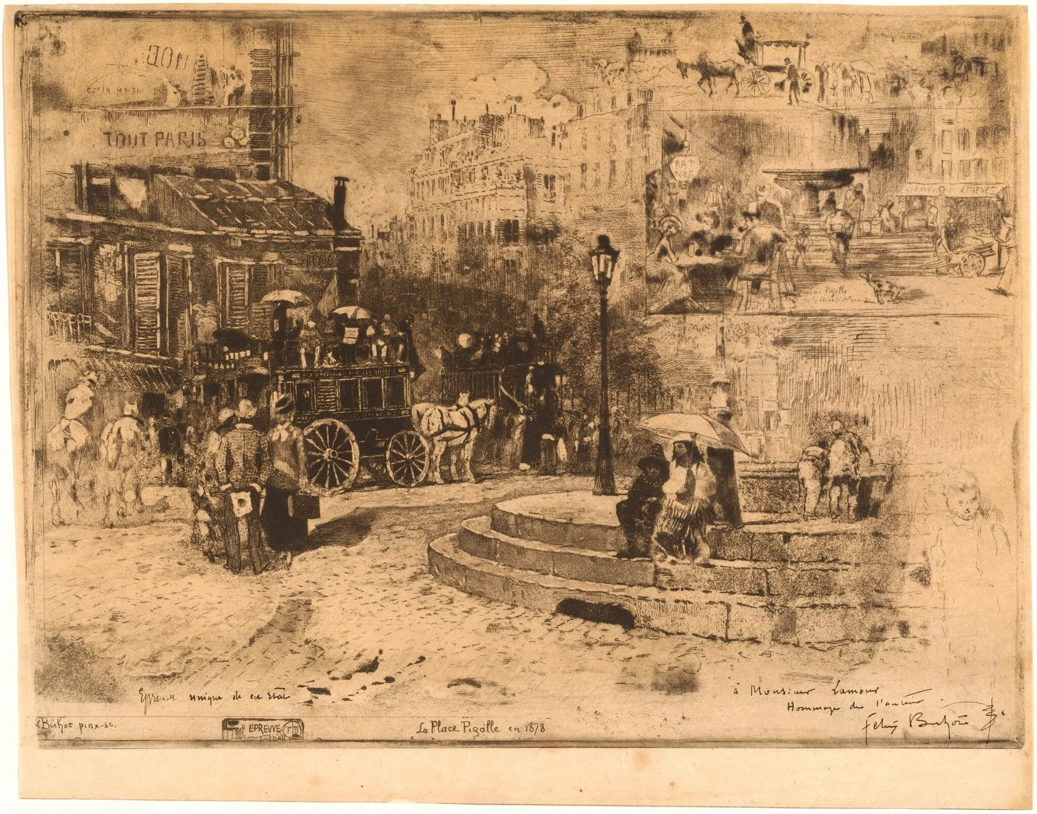 La Place Pigalle en 1878 (Place Pigalle in 1878), by Félix-Hilaire Buhot, ink, 1878