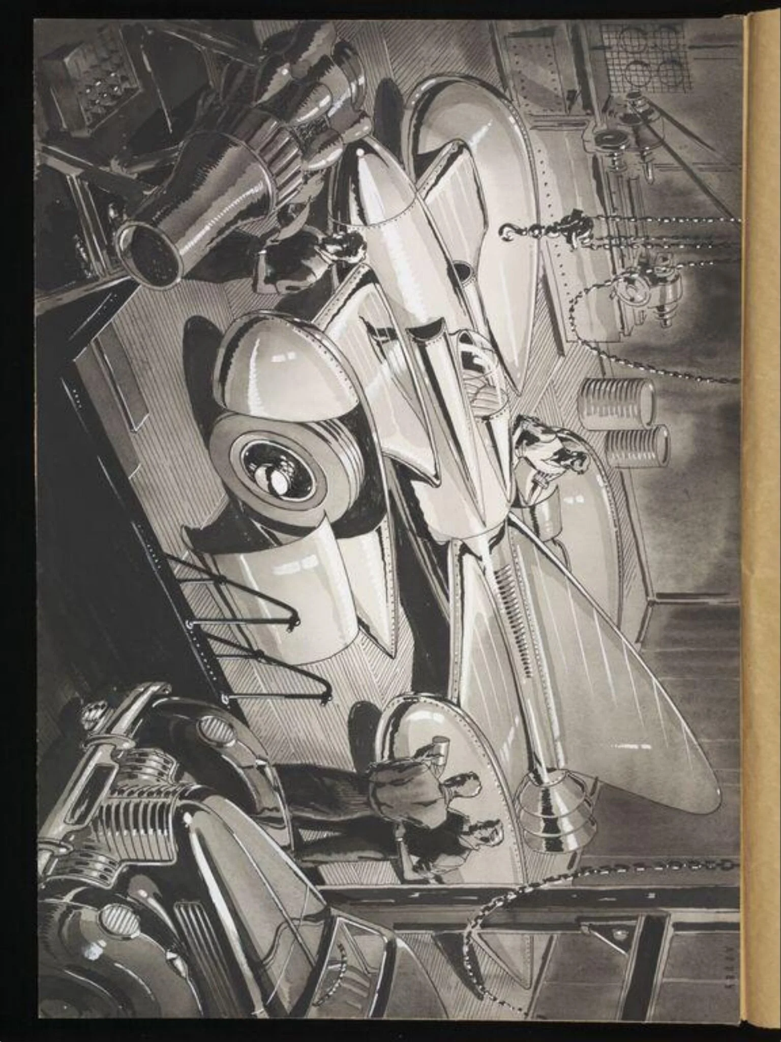 A Sports car in a workshop, by Wilfrid R. Addey, 1944