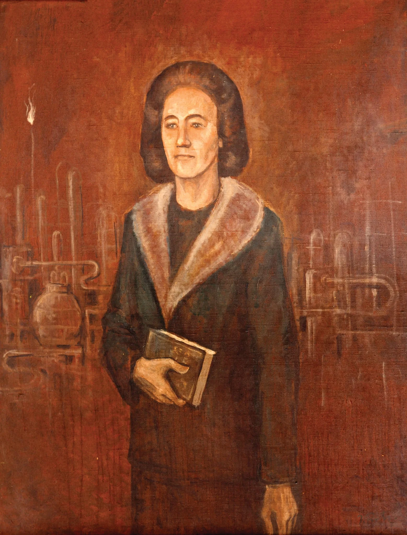 Tablou, ulei pe pânză, Portret Elena Ceaușescu, lucrarea nu este semnată sau datată. Elena Ceaușescu este prezentată ținând în mâna dreaptă un volum (probabil lucrarea sa de doctorat), în fundal se disting instalații industriale din domeniul chimic și petrochimic. Comandat și oferit de Comitetul Municipal al Femeilor, București, 6 ianuarie 1979., by Unknown, 1850