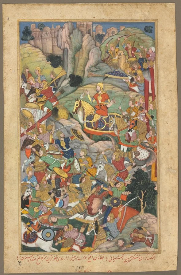 Mughal ruler Humayun defeating the Afghans before reconquering India, folio from an Akbar-nama (Book of Akbar) of Abu’l Fazl (Indian, 1551–1602), by Unknown, unspecified, 1590