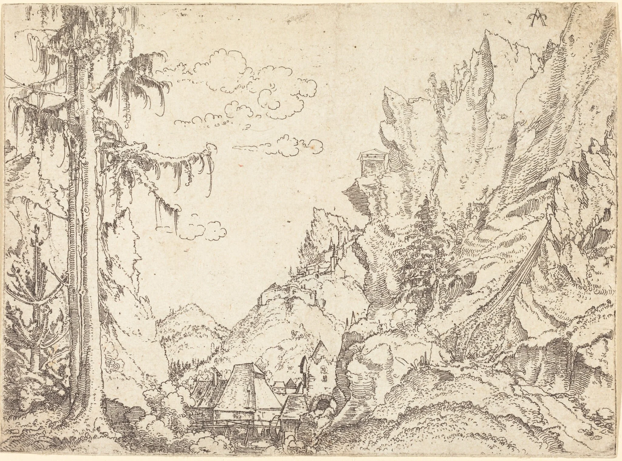 Mountain Landscape, by Erhard Altdorfer, ink, 1518
