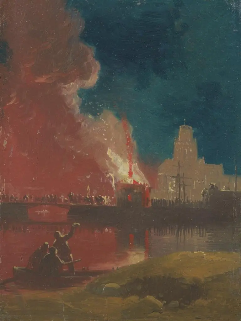 The Burning of the Toll-Houses on Prince Street Bridge with St Mary Redcliffe, Bristol