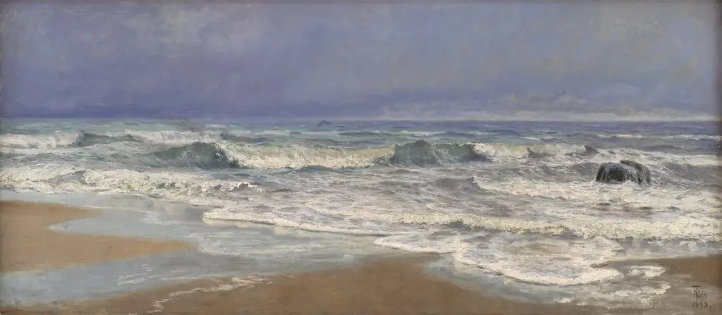 Gråvejrsdag ved Vesterhavet med brænding