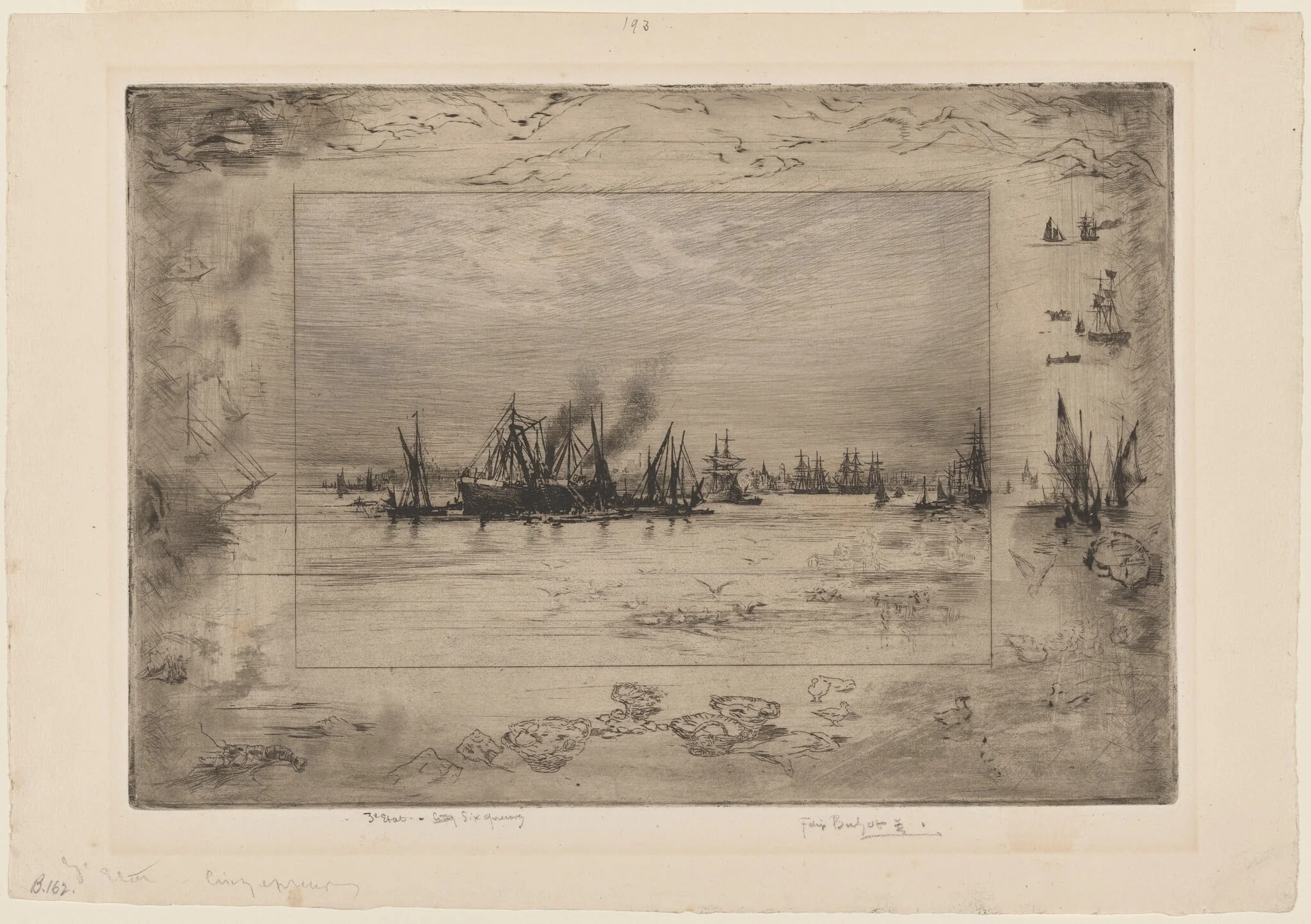 Le Port aux Mouettes (Port with Seagulls), by Félix-Hilaire Buhot, chalk, 1886