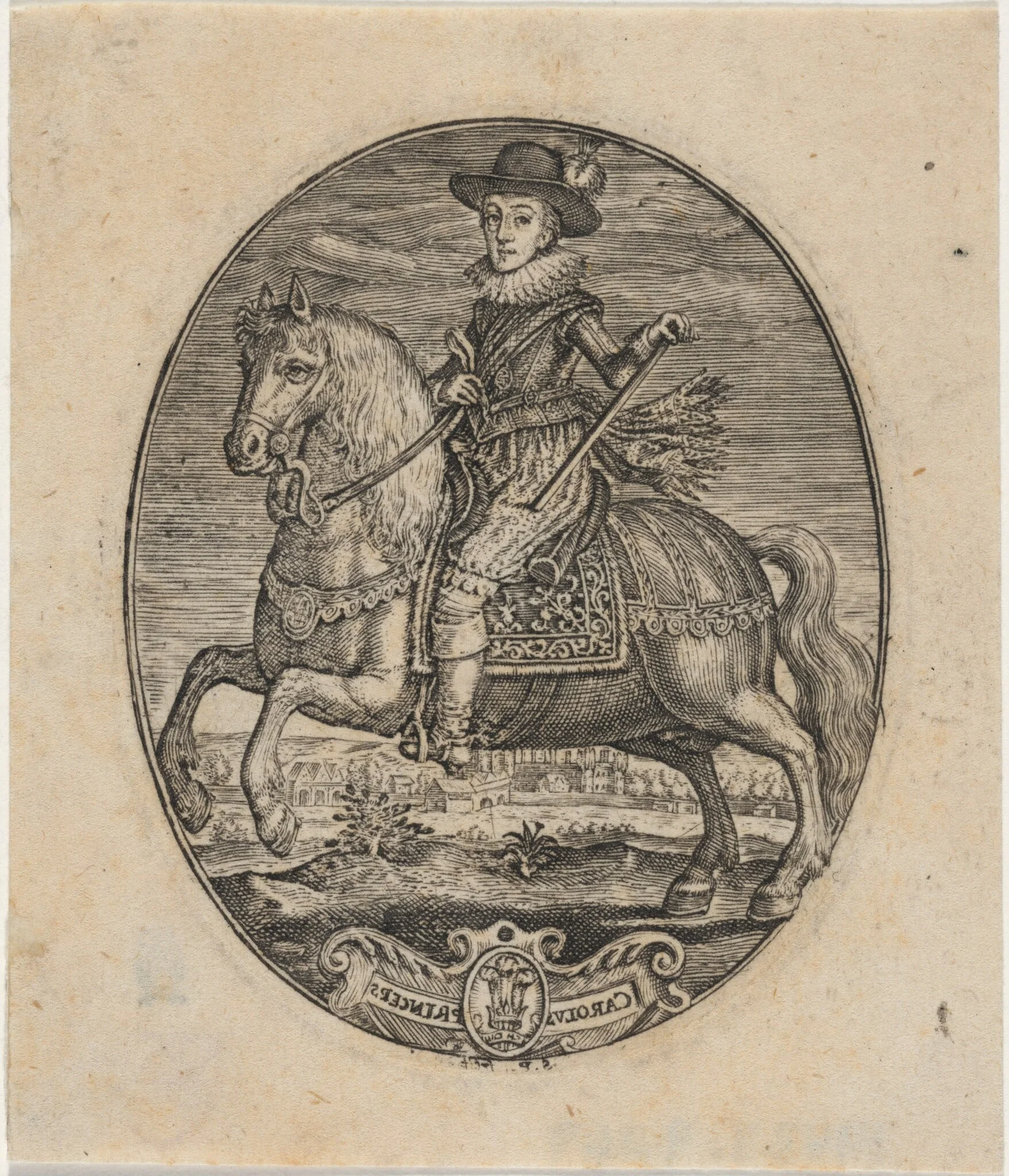 Charles I, King of England, On Horseback, by Simon van de Passe, ink, 1621