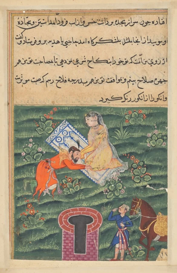 Khusrau, the King of Kings, pays homage to the pious daughter of Khassa, from a Tuti-nama (Tales of a Parrot): Fifty-first Night, by Unknown, unspecified, 1560