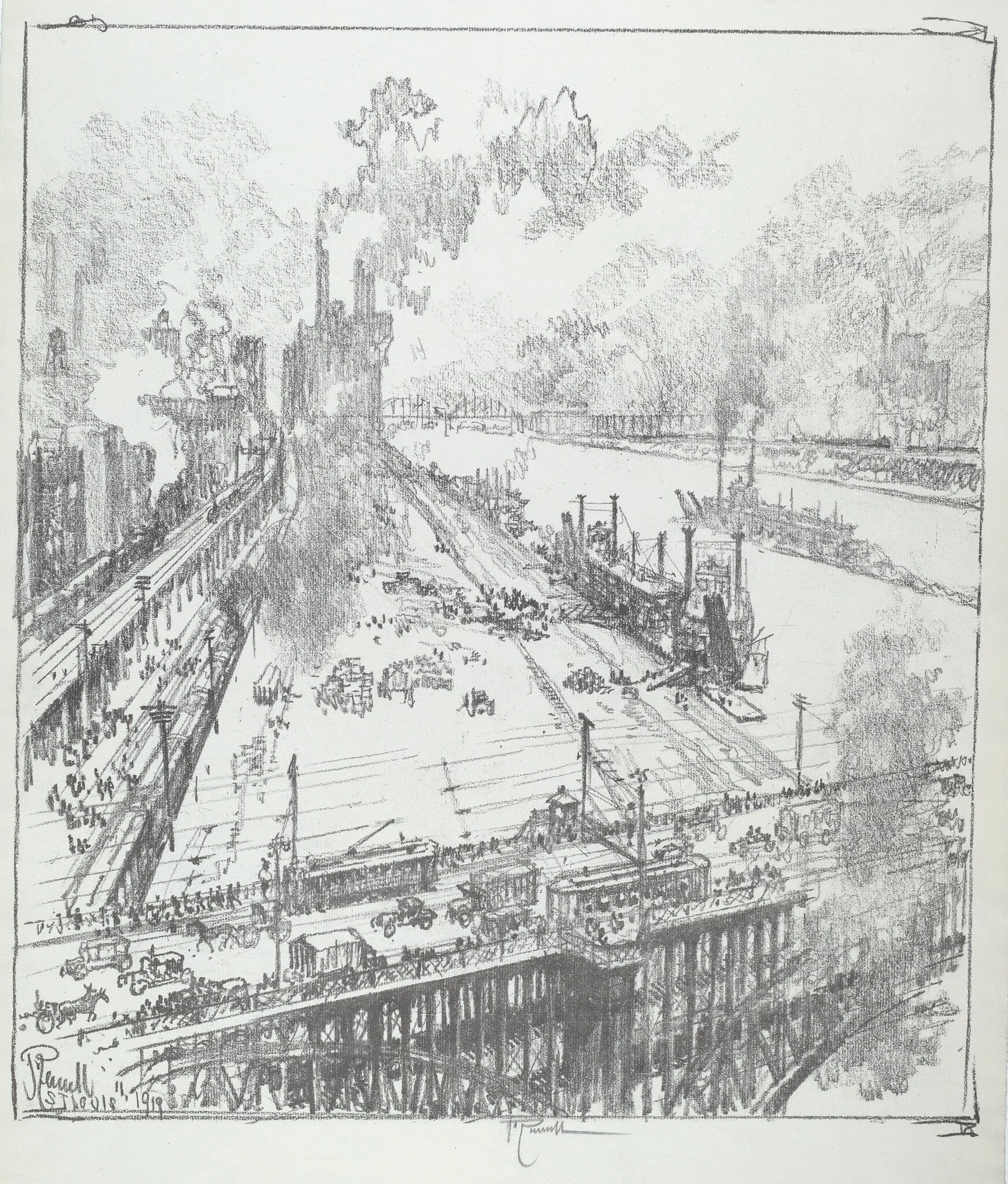 The Levee from Eads Bridge, St. Louis, by Joseph Pennell, ink, 1919