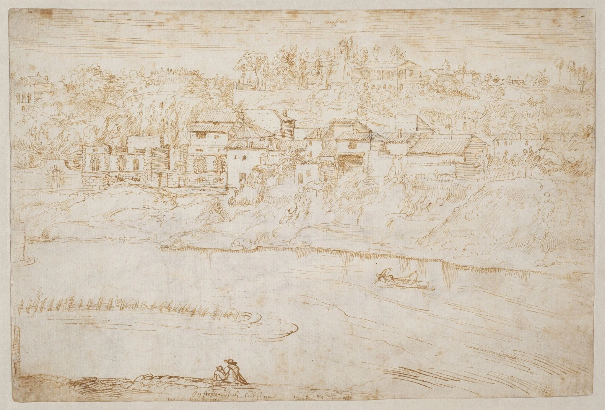View of the Janiculum Hill Seen from the Tiber (recto), by Antonie van den Wyngaerde, chalk, 1553