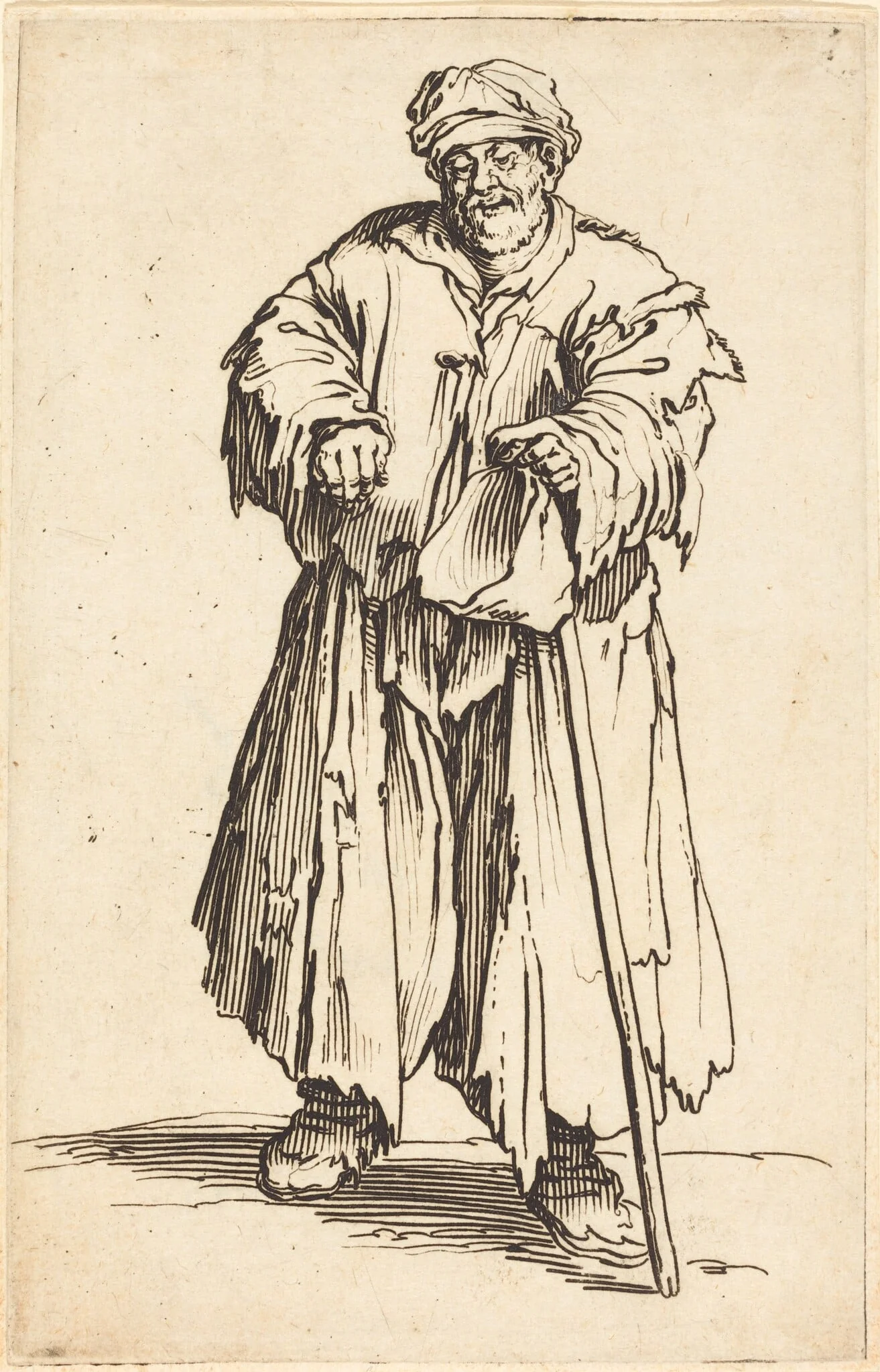 Fat Beggar with Eyes Cast Down, by Jacques Callot, ink, 1622