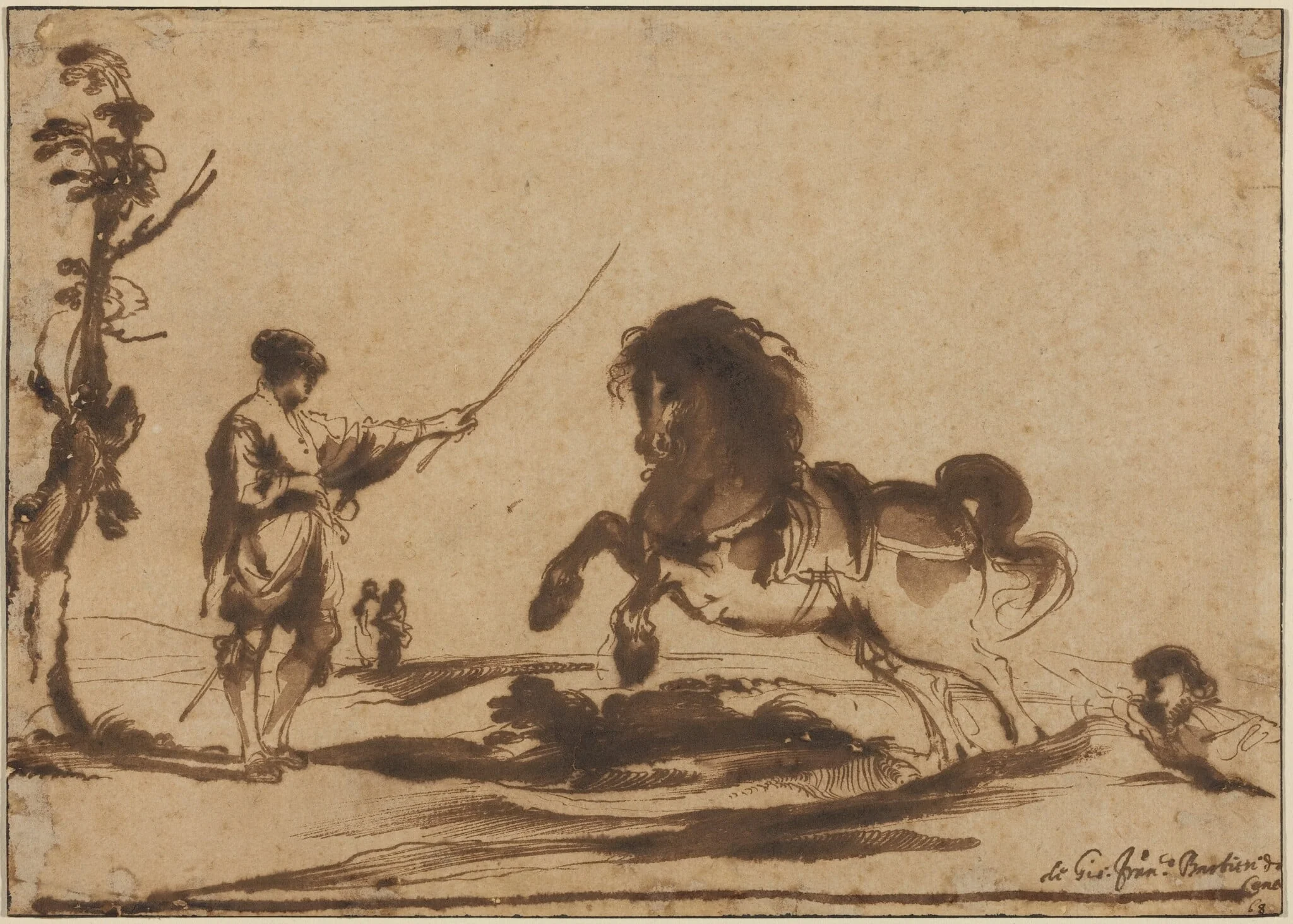 Landscape with the Taming of a Horse, by Guercino, ink, 1625