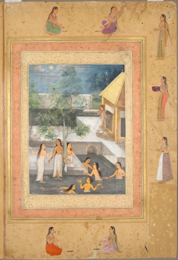 Harem night-bathing scene, from the Late Shah Jahan Album (recto), by Unknown, unspecified, 1653