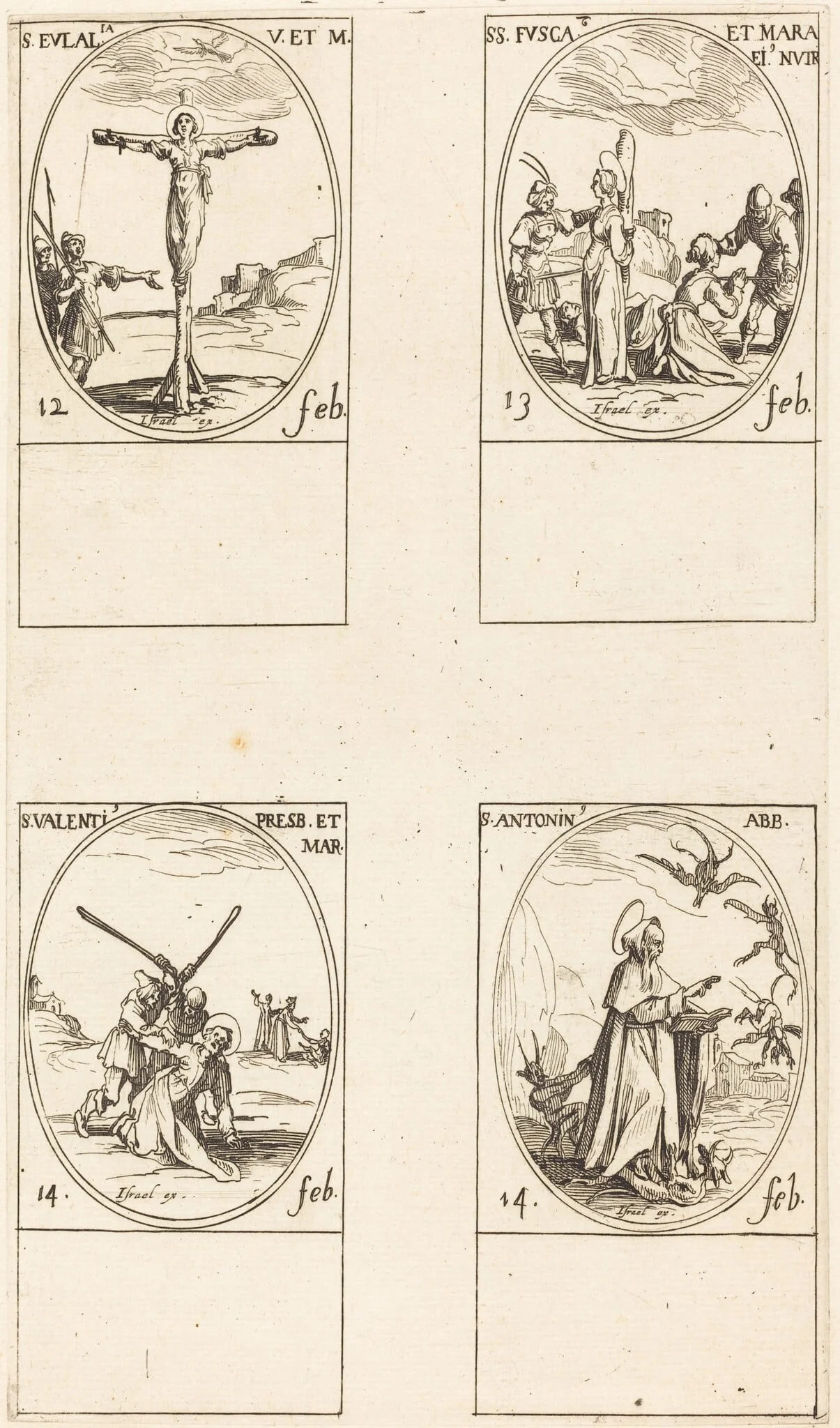 St. Eulalia; St. Fusca and Maura; St. Valentine; St. Anthony, by Jacques Callot, ink, 1634