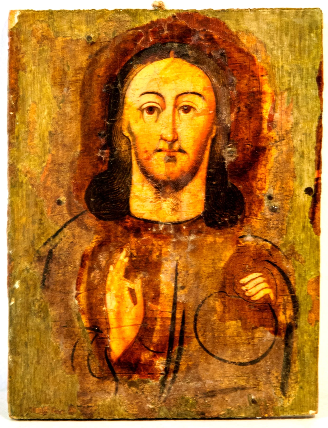 Pe un suport de lemn de brad de formă dreptunghiulară, în ax vertical este reprezentat Isus în ipostaza de Pantocrator.Cu dreapta binecuvintează, în stânga ține globul pământesc. Icoana a fost anterior acoperită cu ferecătură metalică, în momentul de față lipsește, fiind pictate doar zonele mâinilor și feței, restul fiind acoperit cu grund și un strat de culoare verzuie. Desenul este realizat coform canoanelor bizantine, tehnica iluminării treptate.Fața prelungă, barba scurtă, ochii mari, căprui, nasul lung, proporțiile fiind cele consacrate de tradiția bizantină.Părul castaniu, lucrat cu minuțiozitate, lăsat pe umeri. Desenul mâinilor foarte fin, contur roșcat. Se observă urme de cuie metalice în care a fost fixată ferecătura. Peste pictură a fost aplicat vernis., by Unknown, 1850