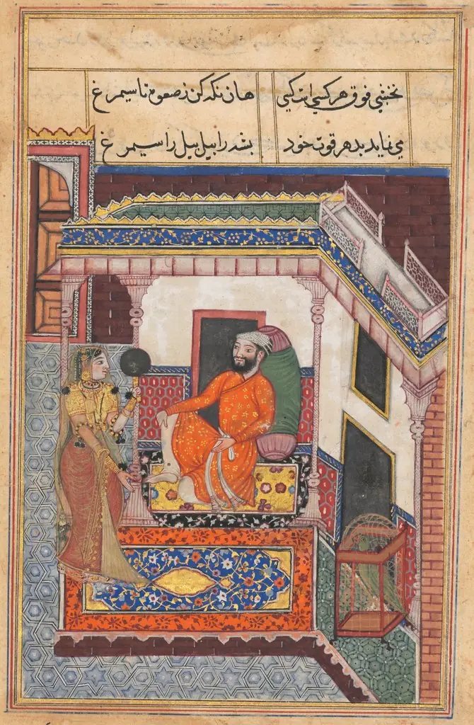 The parrot laughs on hearing the Raja of Ujjain’s wife admire her beauty in a mirror, from a Tuti-nama (Tales of a Parrot: Forty-sixth Night