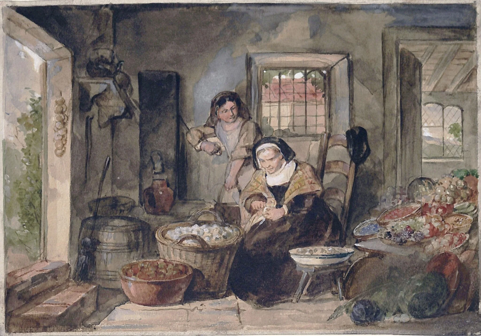 Interior of fruit seller's cottage with two female figures, by Stephanoff, watercolor, 1805