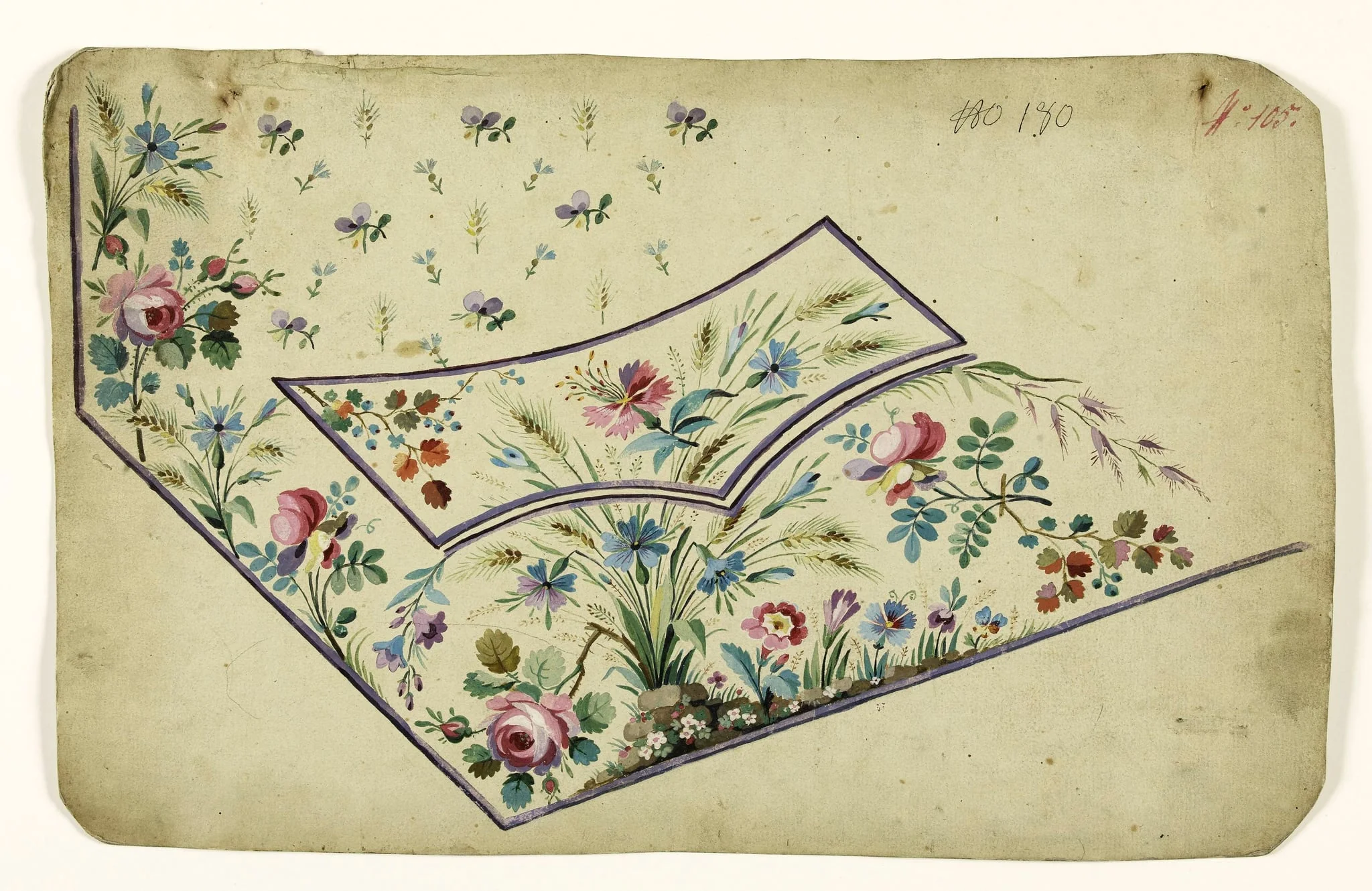 Composition de fleurs sauvages, d'épis et d'amoncellement de galets, projets de broderies de gilet, XVIIIème siècle