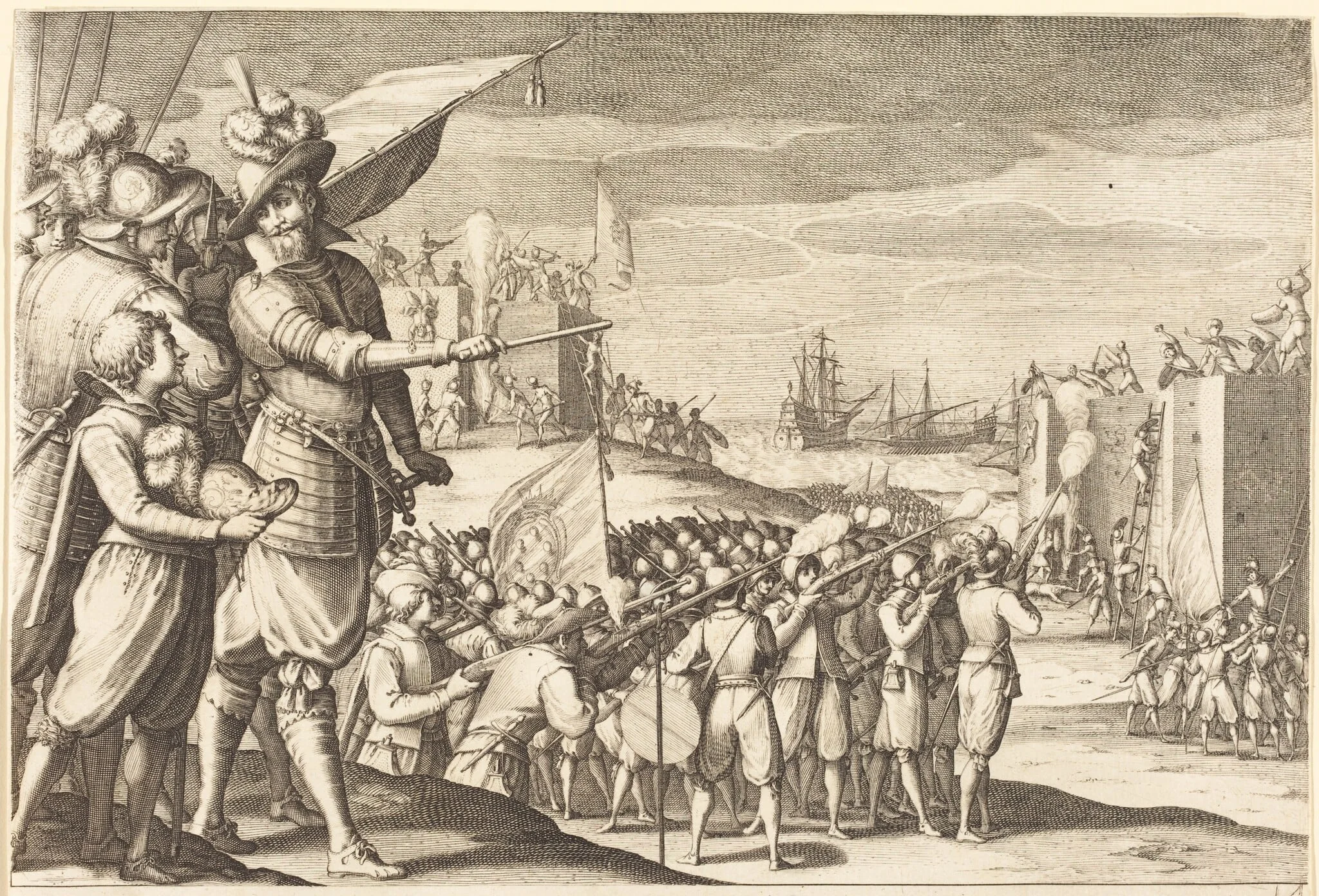 Assault on Two Fortresses, by Jacques Callot, ink, 1614