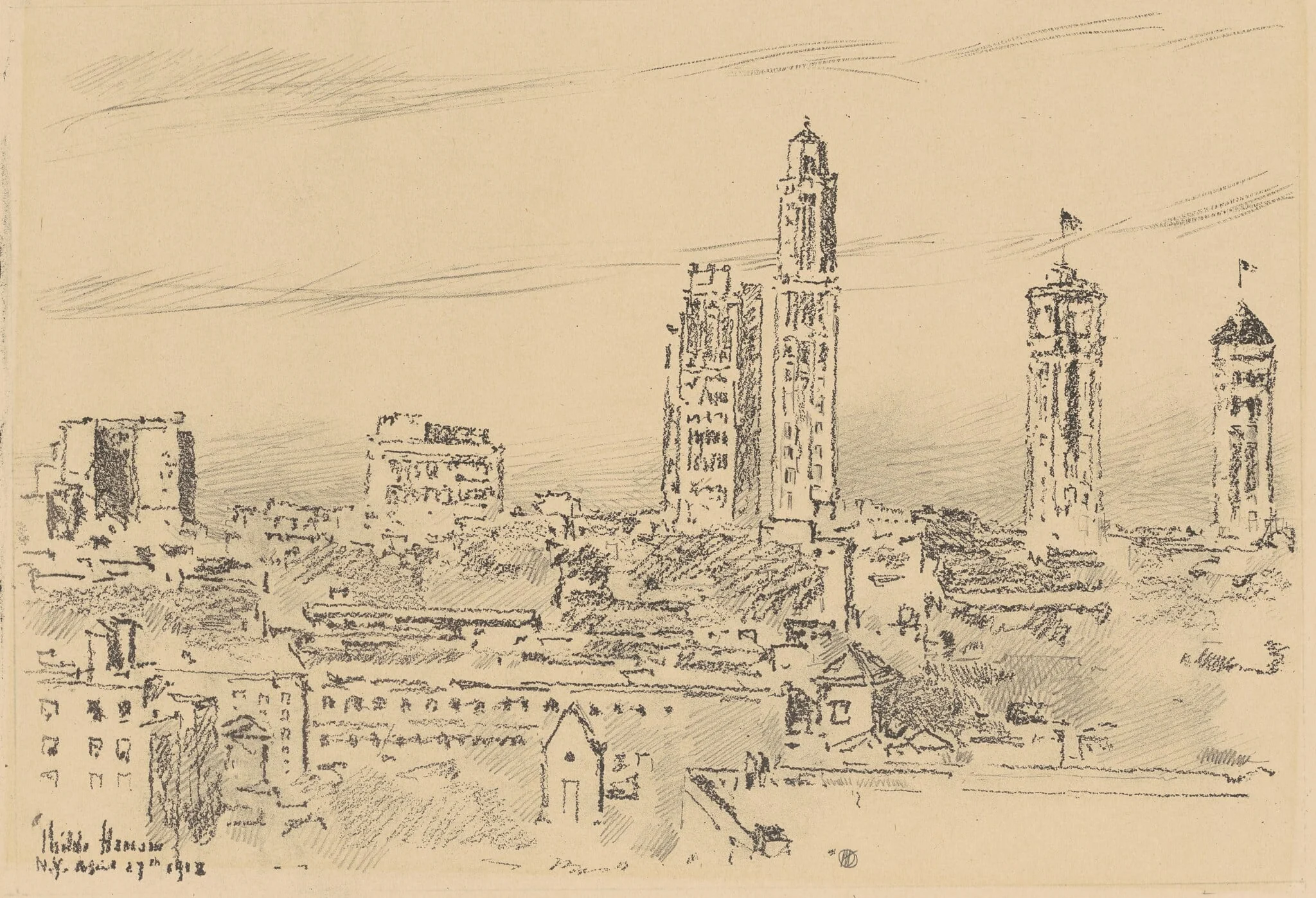 New York Sky Line, Light Buildings, by Childe Hassam, ink, 1918