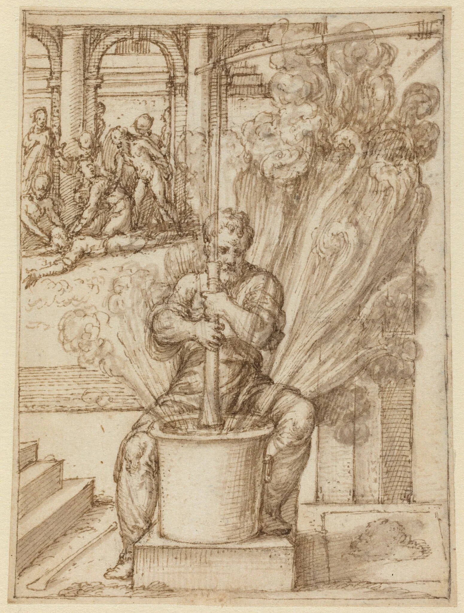 Study for Man Making an Explosion, by Giulio Bonasone, ink, 1539