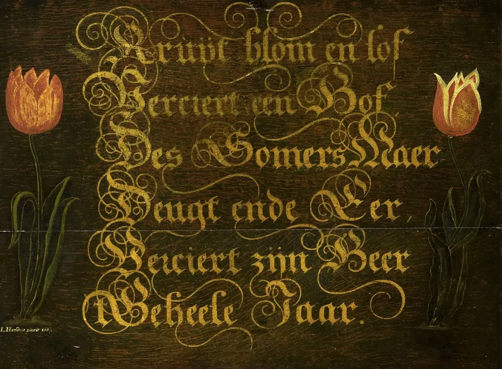 Calligraphed Saying Flanked by two Tulips