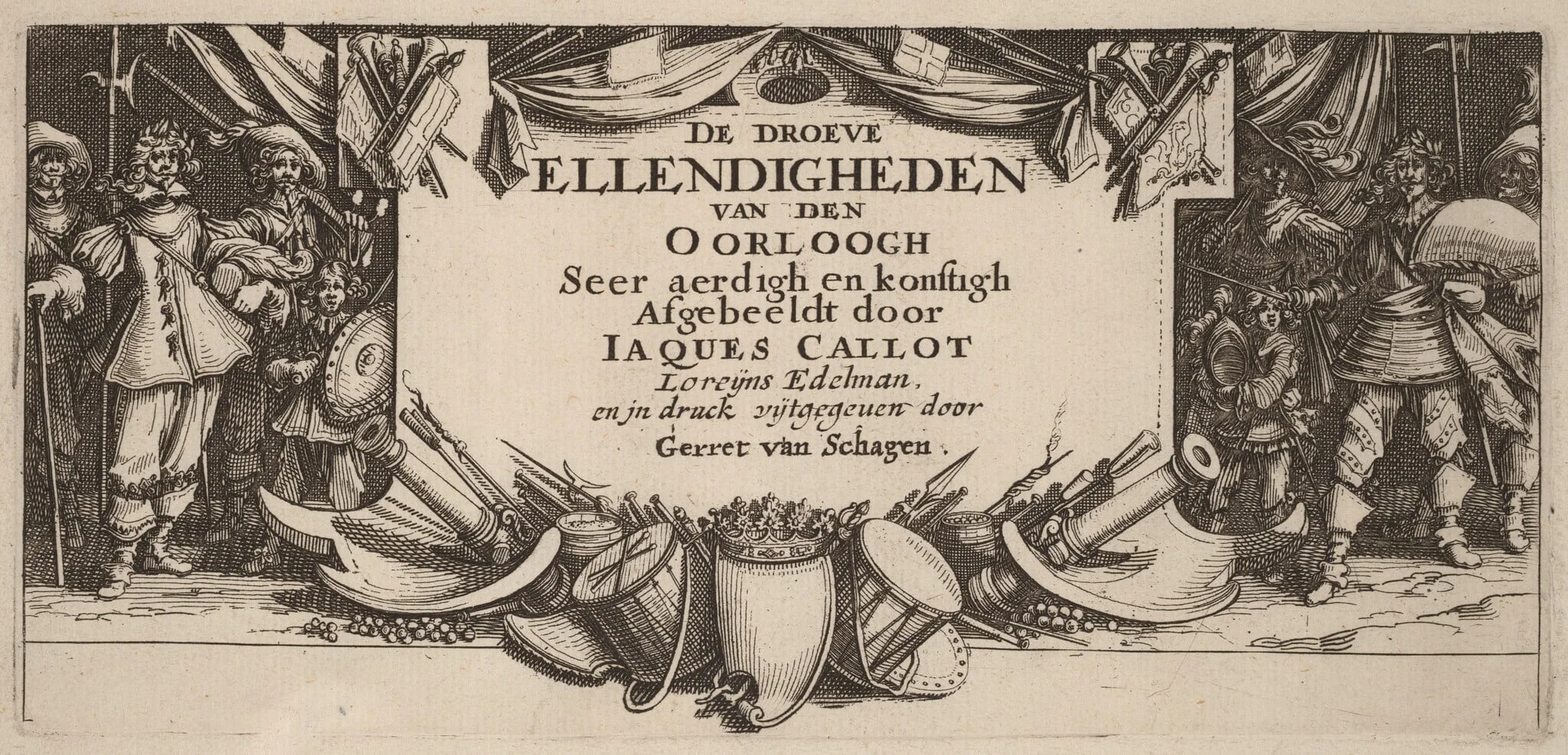 Title Page for "De droeve Ellendigheden van den Oorloogh", by Gerrit van Schagen, ink, 1642