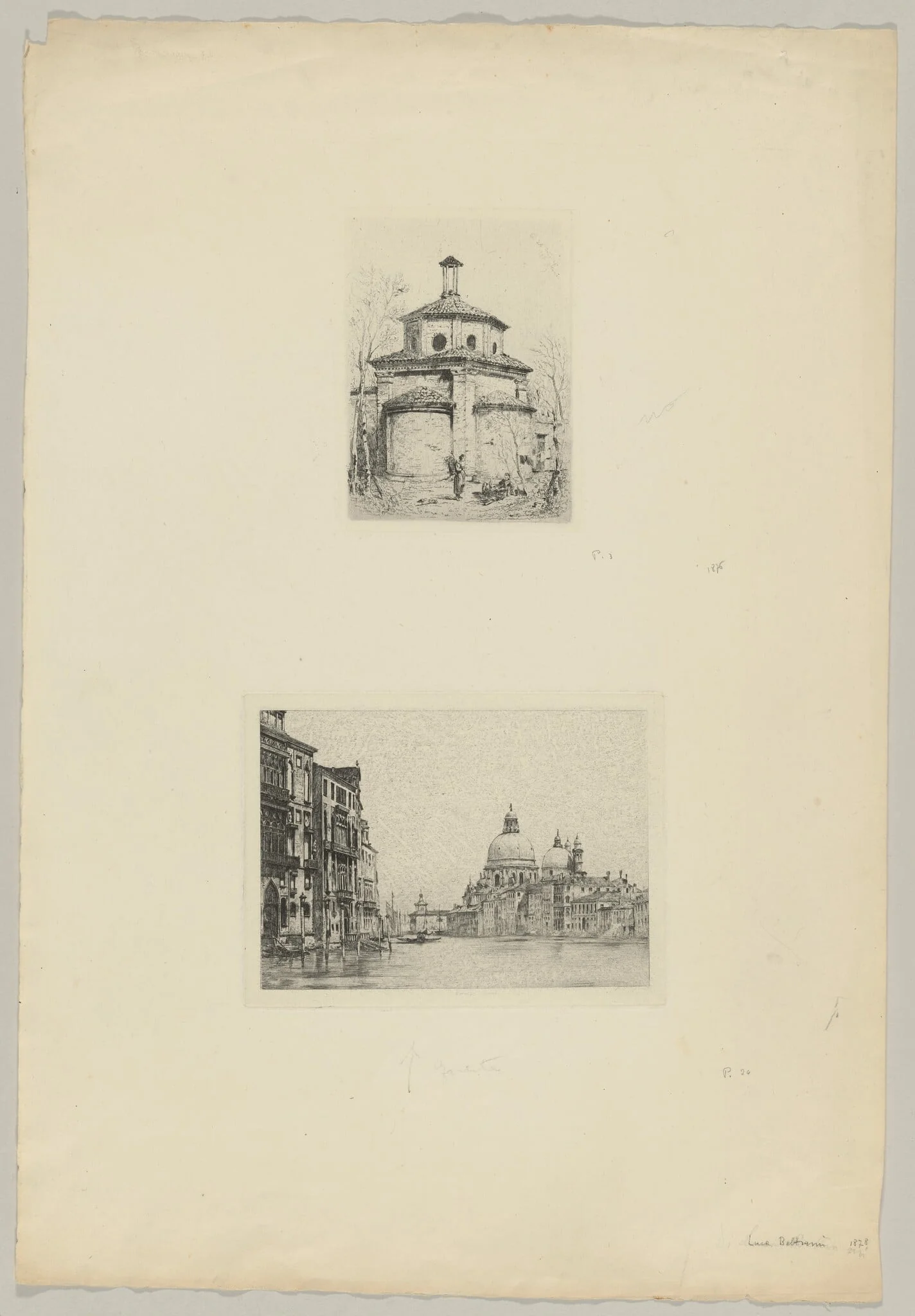 Two Peasant Women Before a Small Baptistry (above); Venice, Grand Canal (beow), by Luca Beltrami, ink, 1878