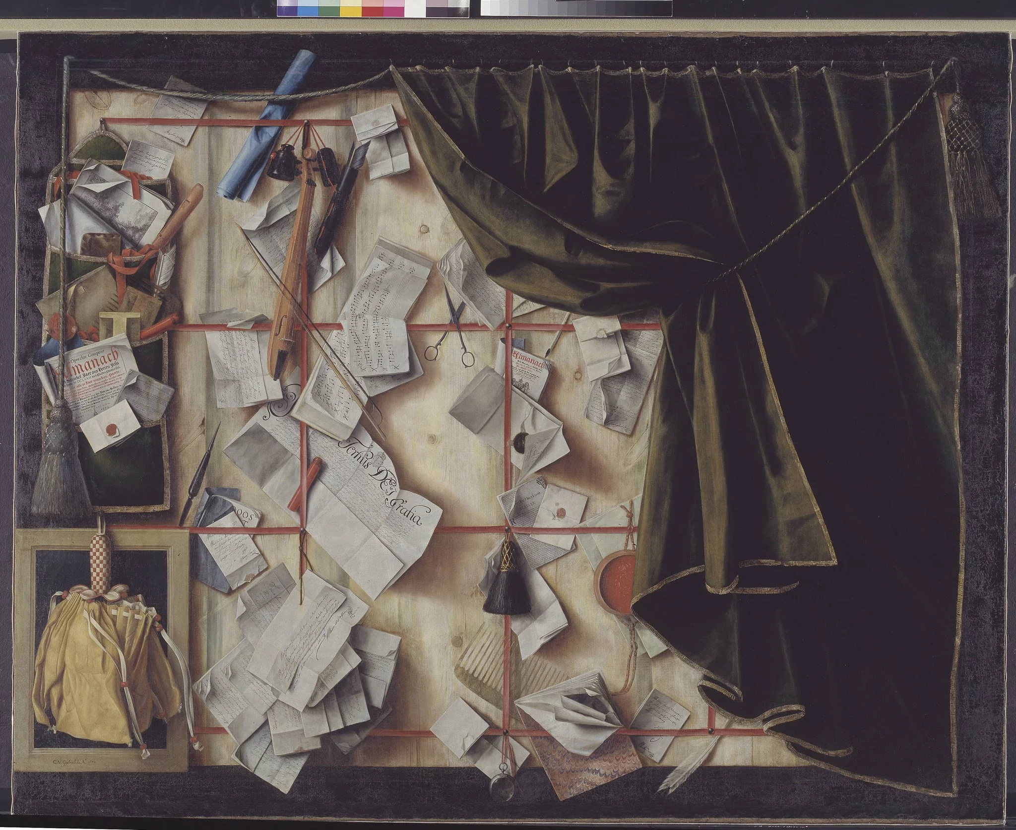 Trompe l'oeil of a Letter Rack with Proclamation by Frederik III, by Unknown, 1672