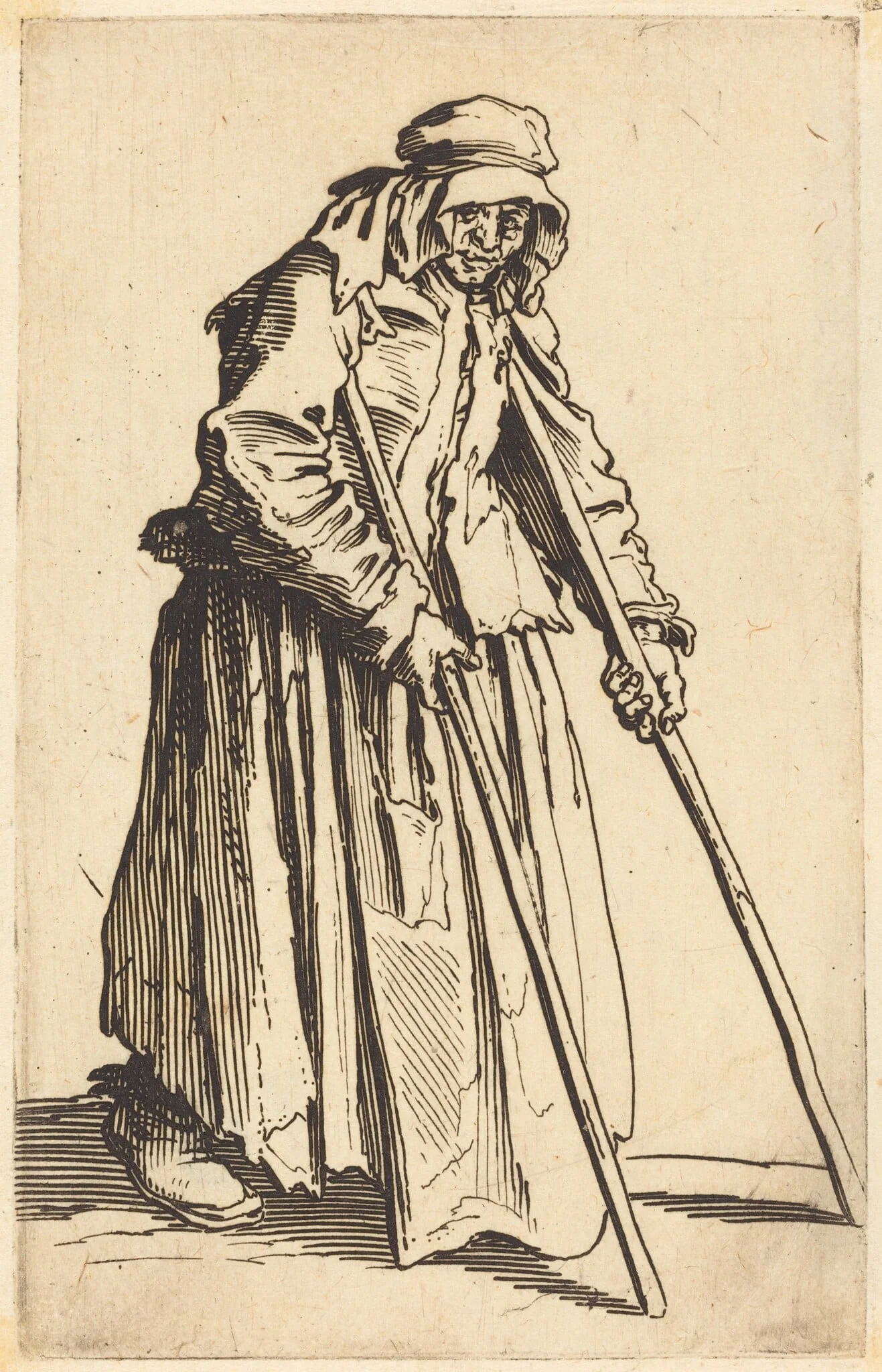 Beggar Woman with Crutches, by Jacques Callot, ink, 1622