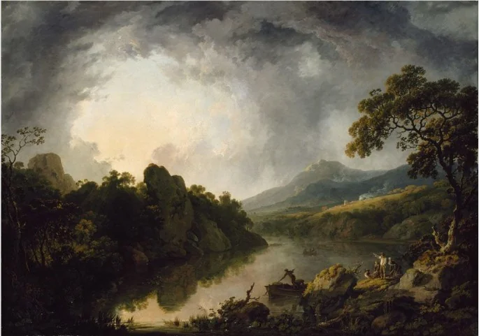 An Extensive Wooded Landscape with Fishermen Hauling in their Nets, by George Barret, Sr., oil, 1767