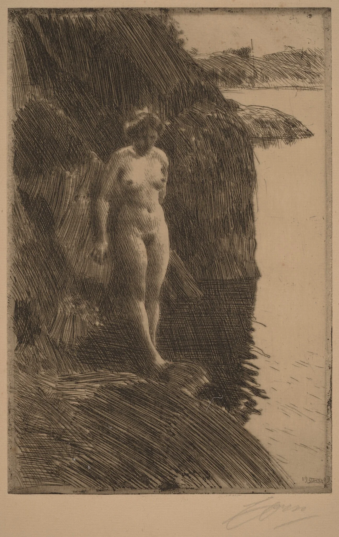 Precipice, by Anders Zorn, ink, 1909