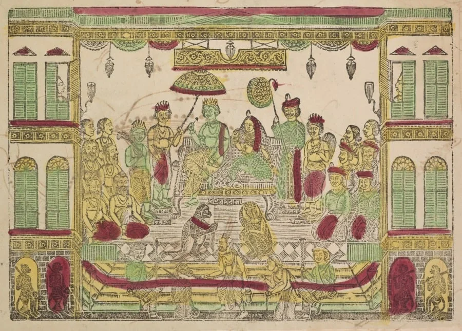 Rama and Sita in the royal palace (recto), from a Kalighat album, by Shri Gobinda Chandra Roy, 1890