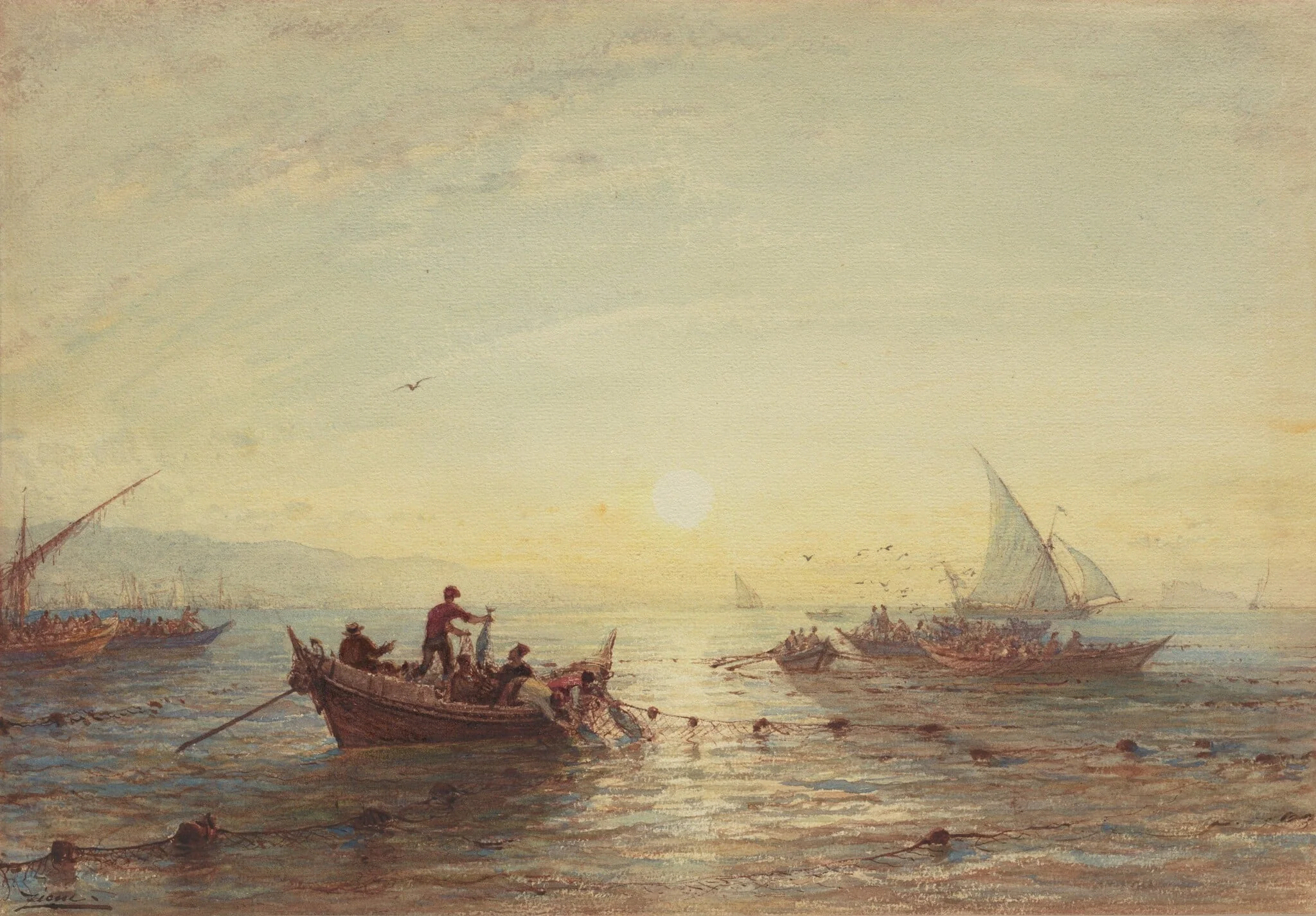 Tuna Fishing at Sunrise off the Coast near Marseilles, by Félix Ziem, ink, 1864