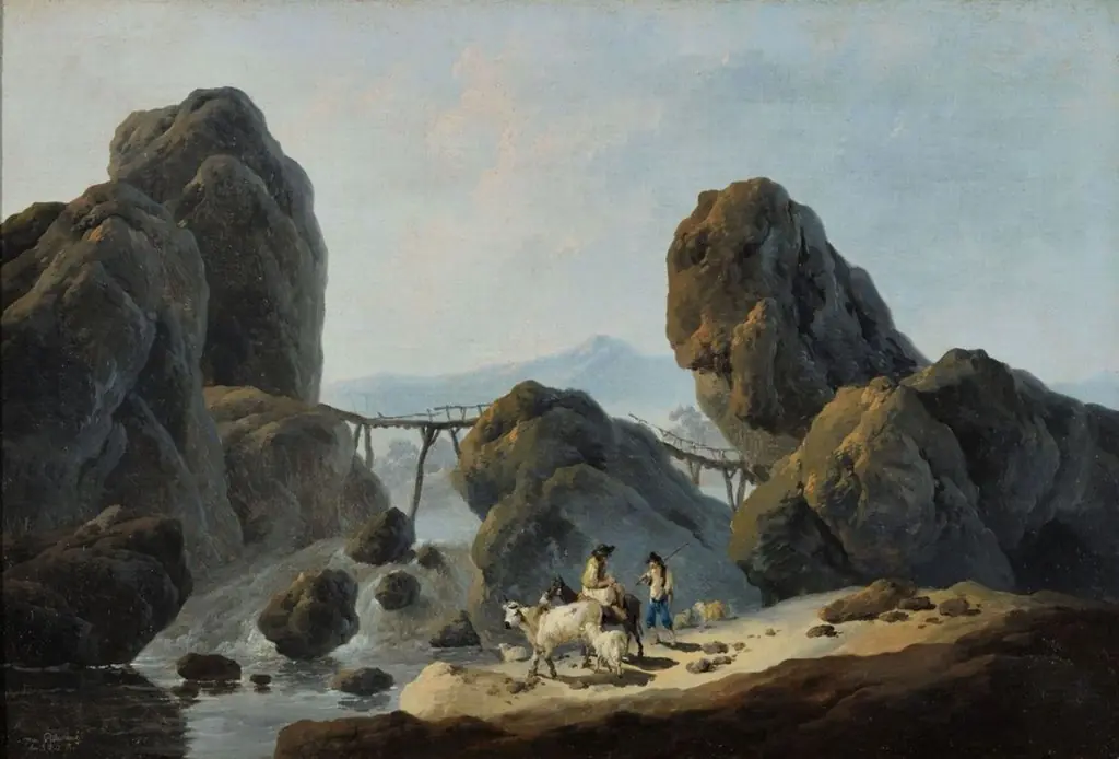 Rustic bridge leaning on rocks