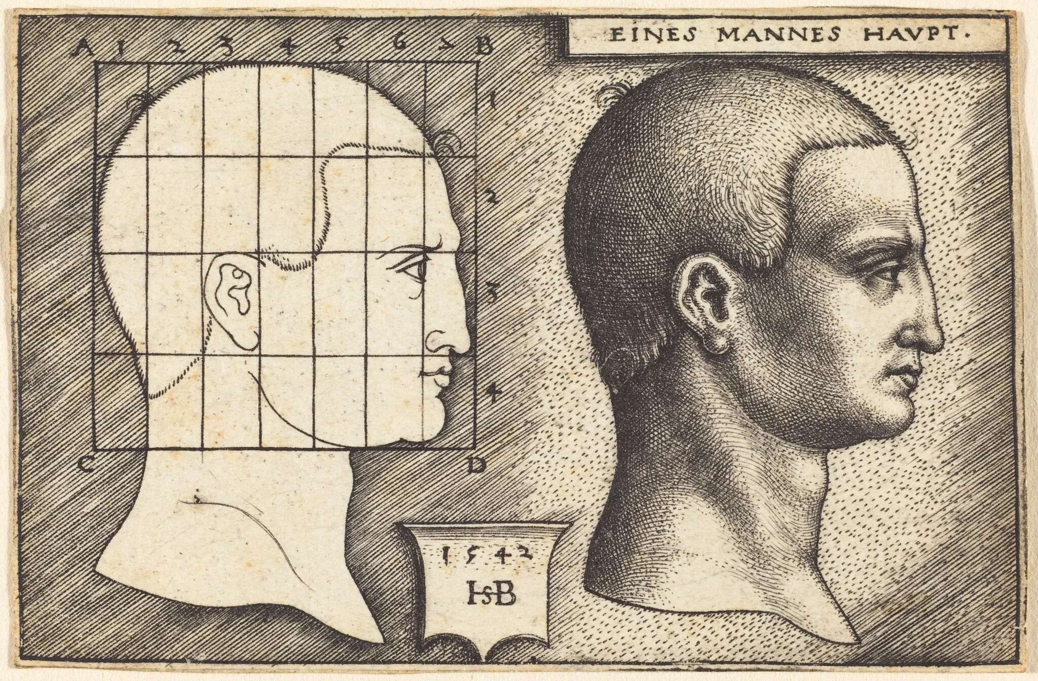 Two Profile Studies of a Man's Head, by Sebald Beham, ink, 1542