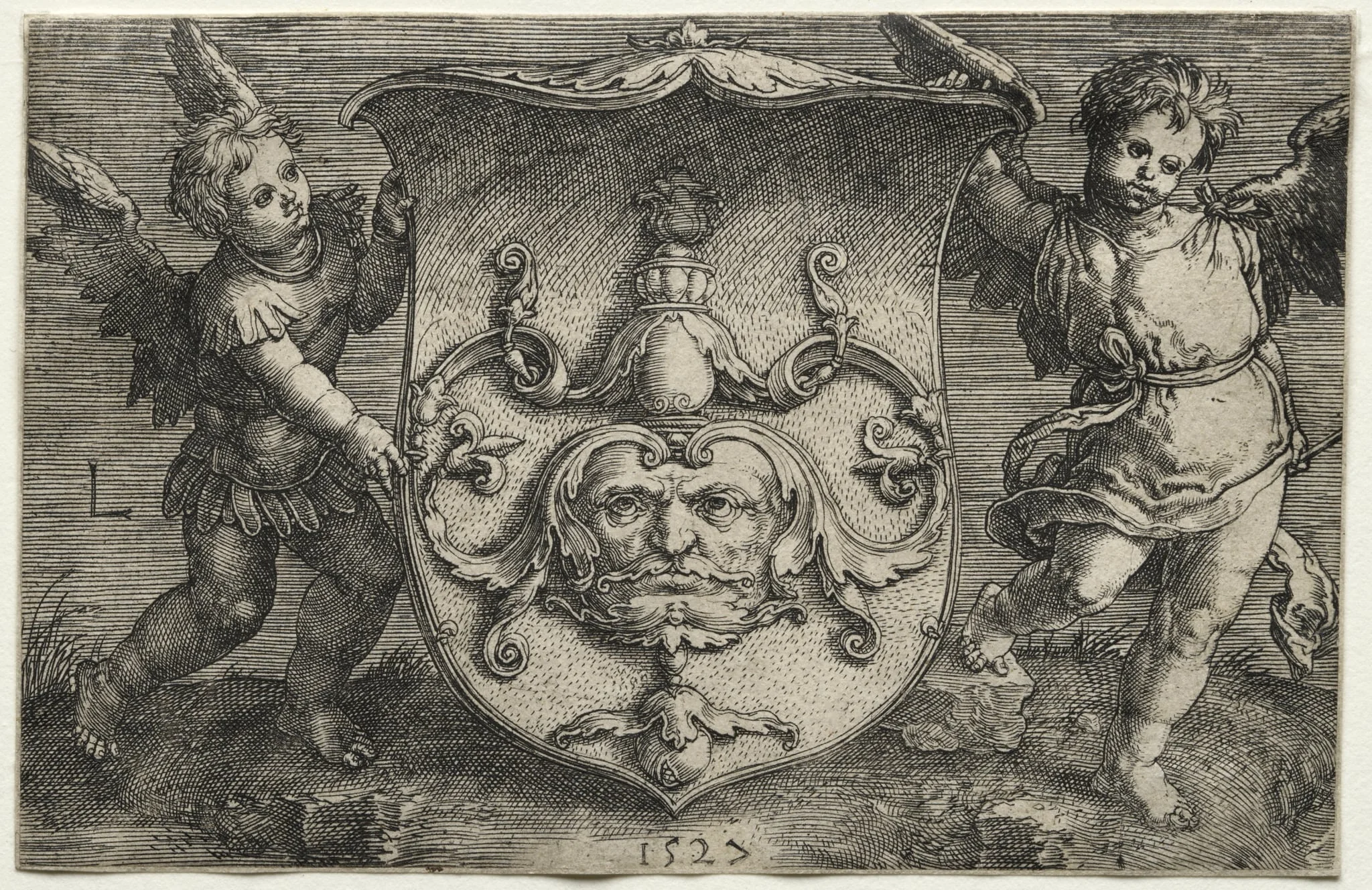 A Shield Bearing a Mask Supported by Two Genii, by Lucas van Leyden, 1527
