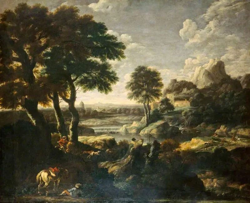 River Landscape with a Hunt