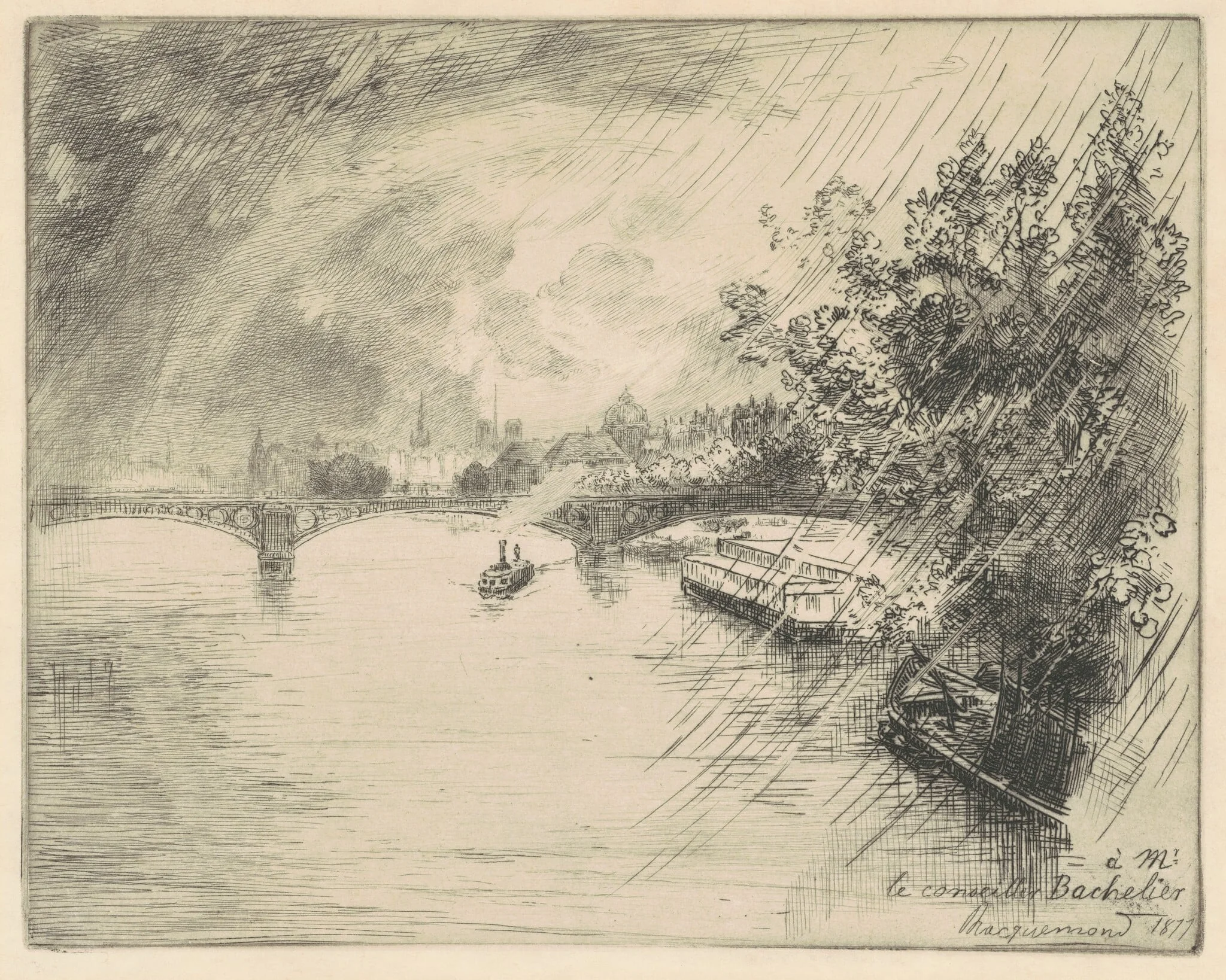 View of the Pont des Saints-Pères, by Félix Bracquemond, ink, 1877