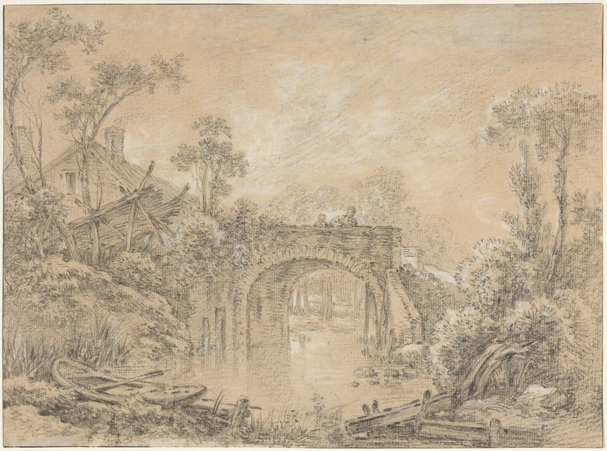 Landscape with a Rustic Bridge, by François Boucher, chalk, 1740