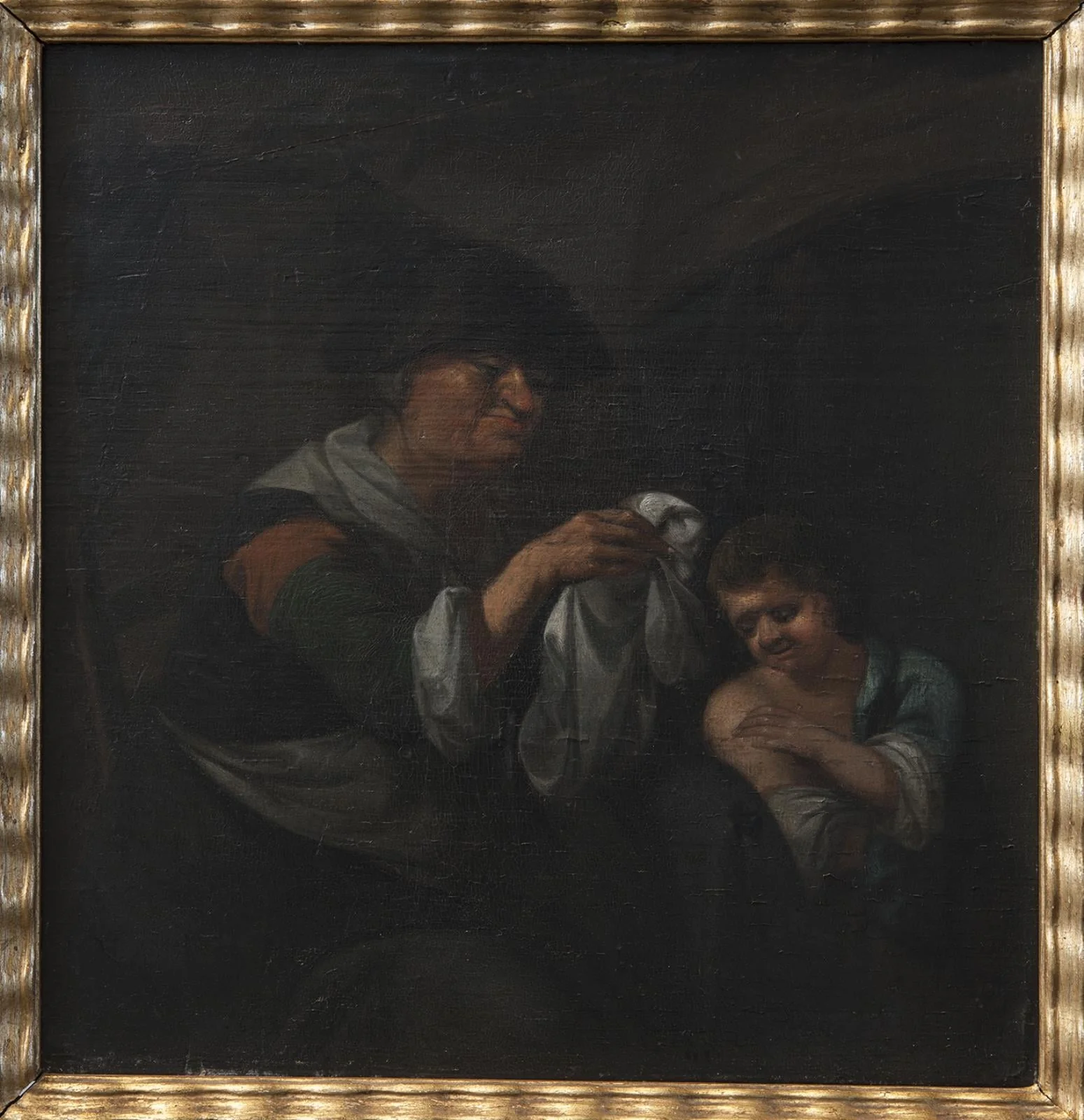 Old Lady Inspecting a Boy's Linen, by Unknown, 1750