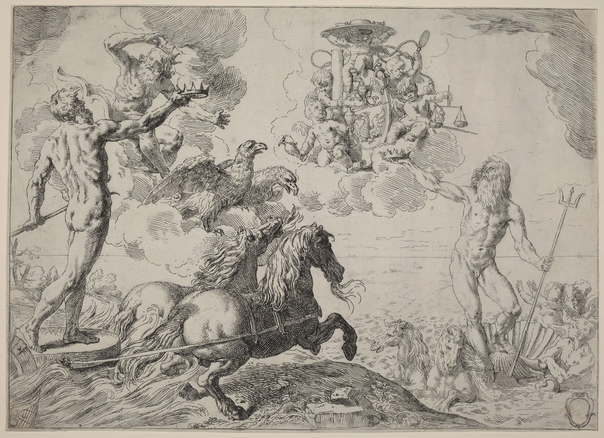 Jupiter, Neptune and Pluto, by Simone Cantarini, ink, 1630