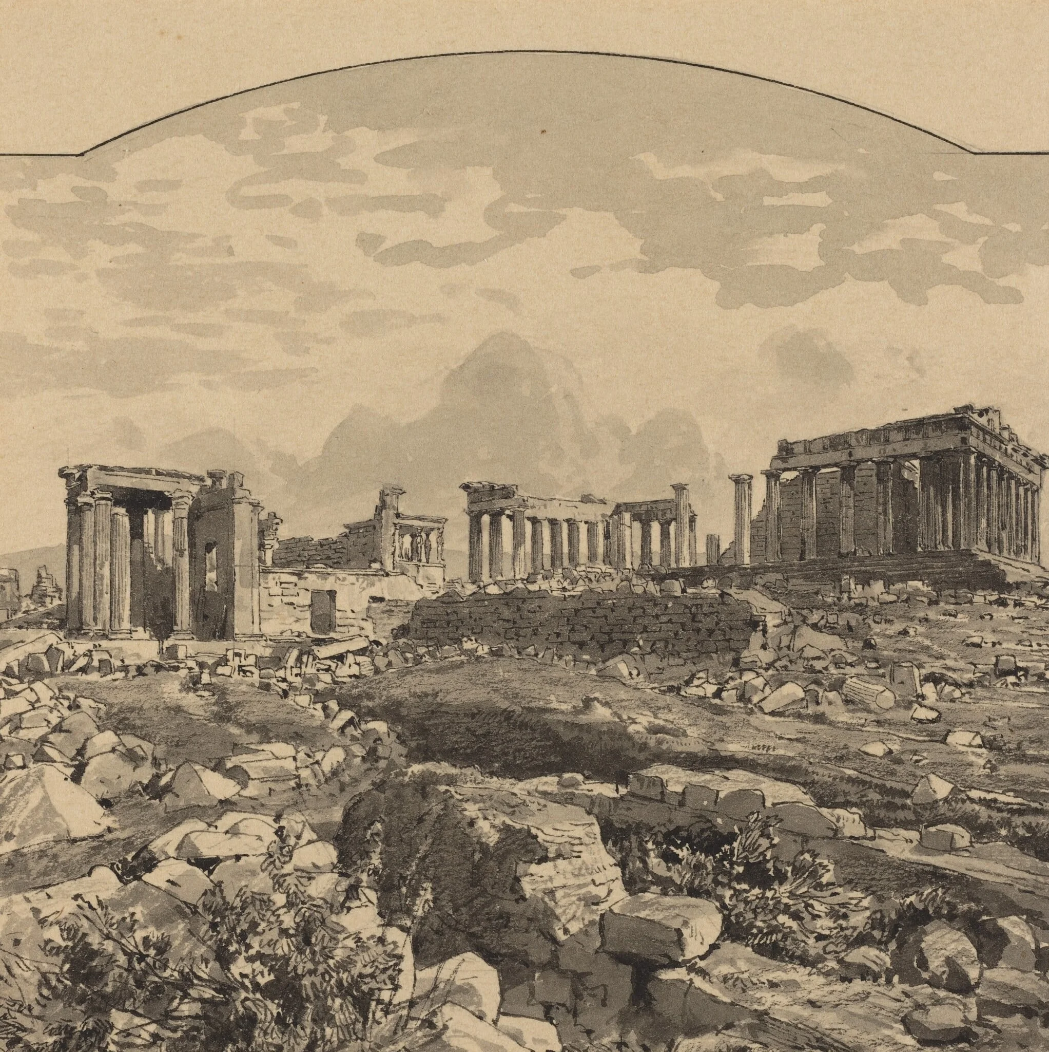 The Parthenon from the East, by Themistocles von Eckenbrecher, ink, 1890