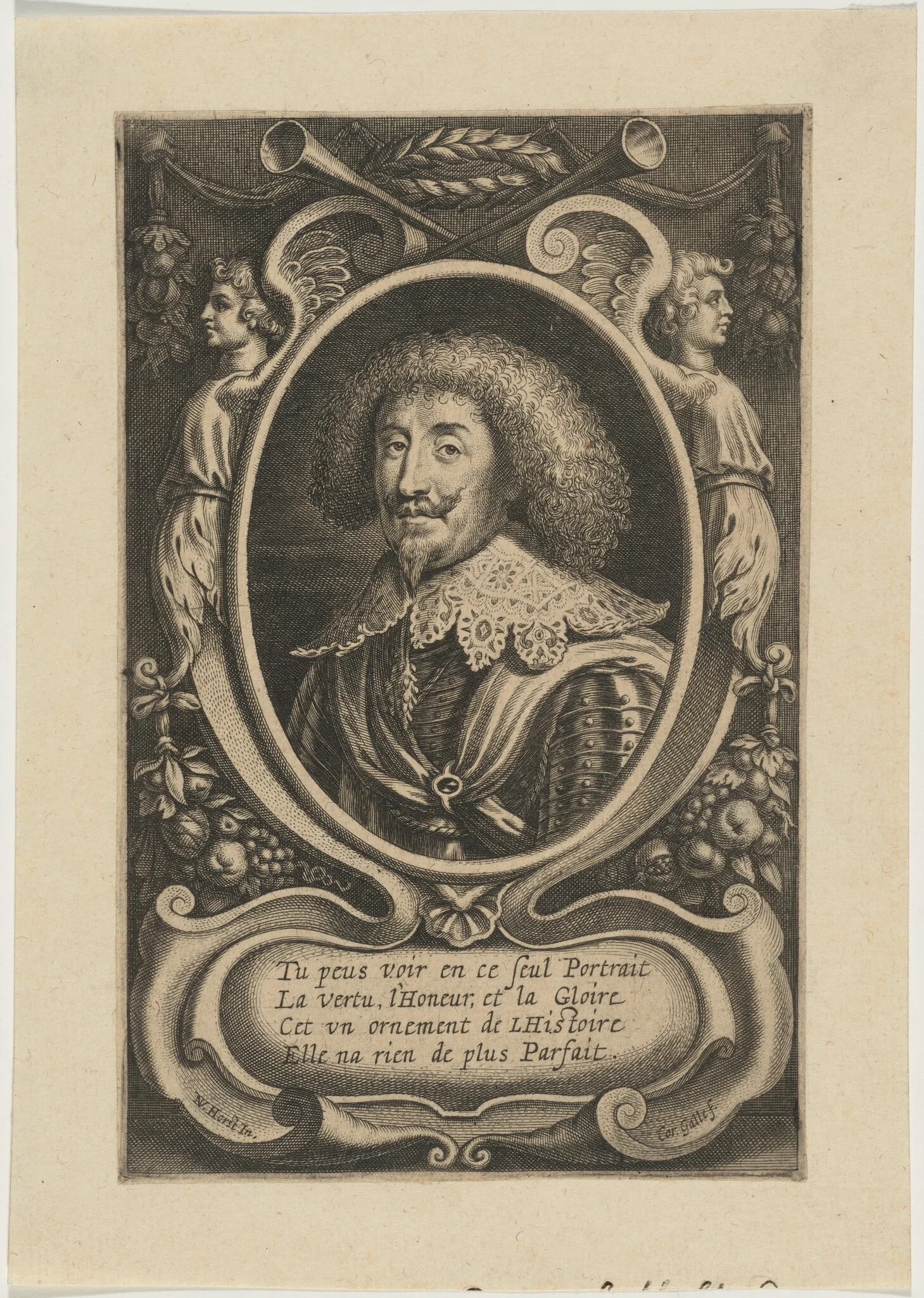 Portrait of Man in Oval with Decoration of Winged Figures, by Cornelis Galle I, ink, 1613