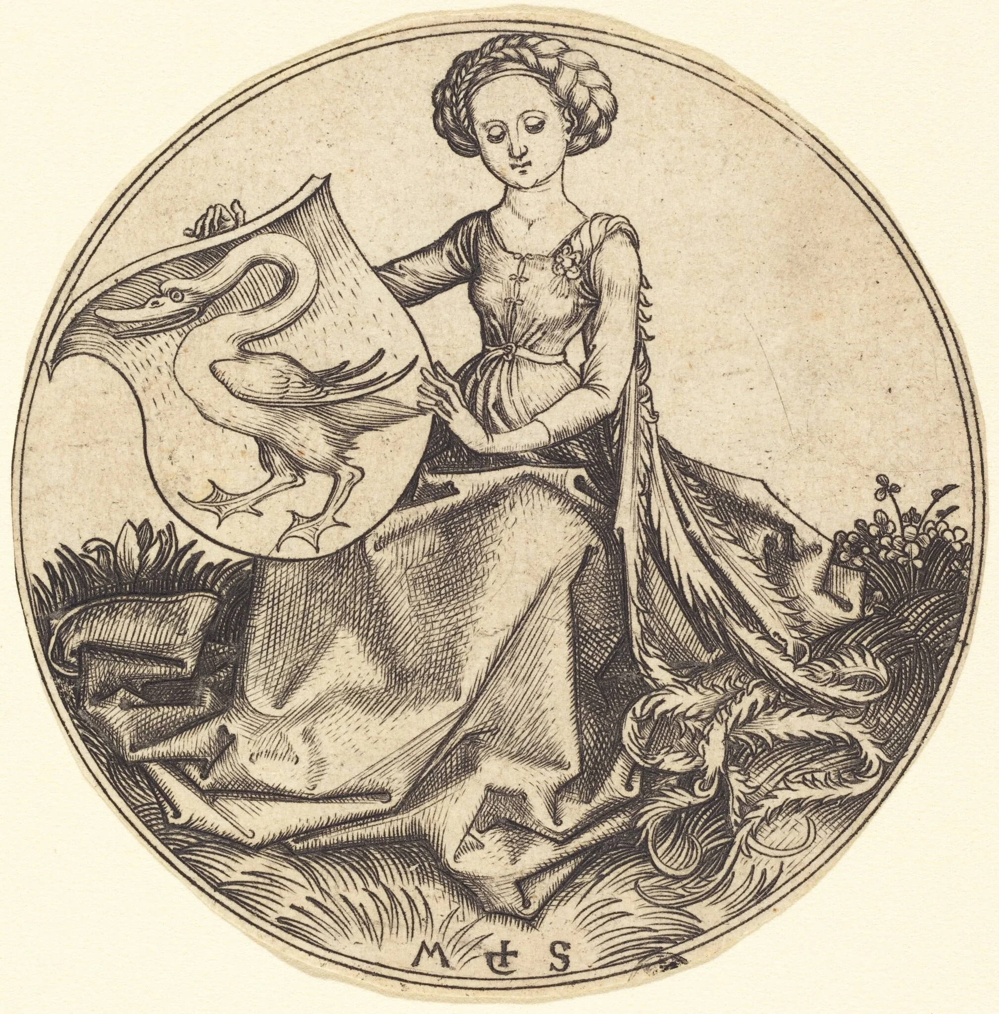 Shield with Swan, Held by Woman, by Martin Schongauer, ink, 1485