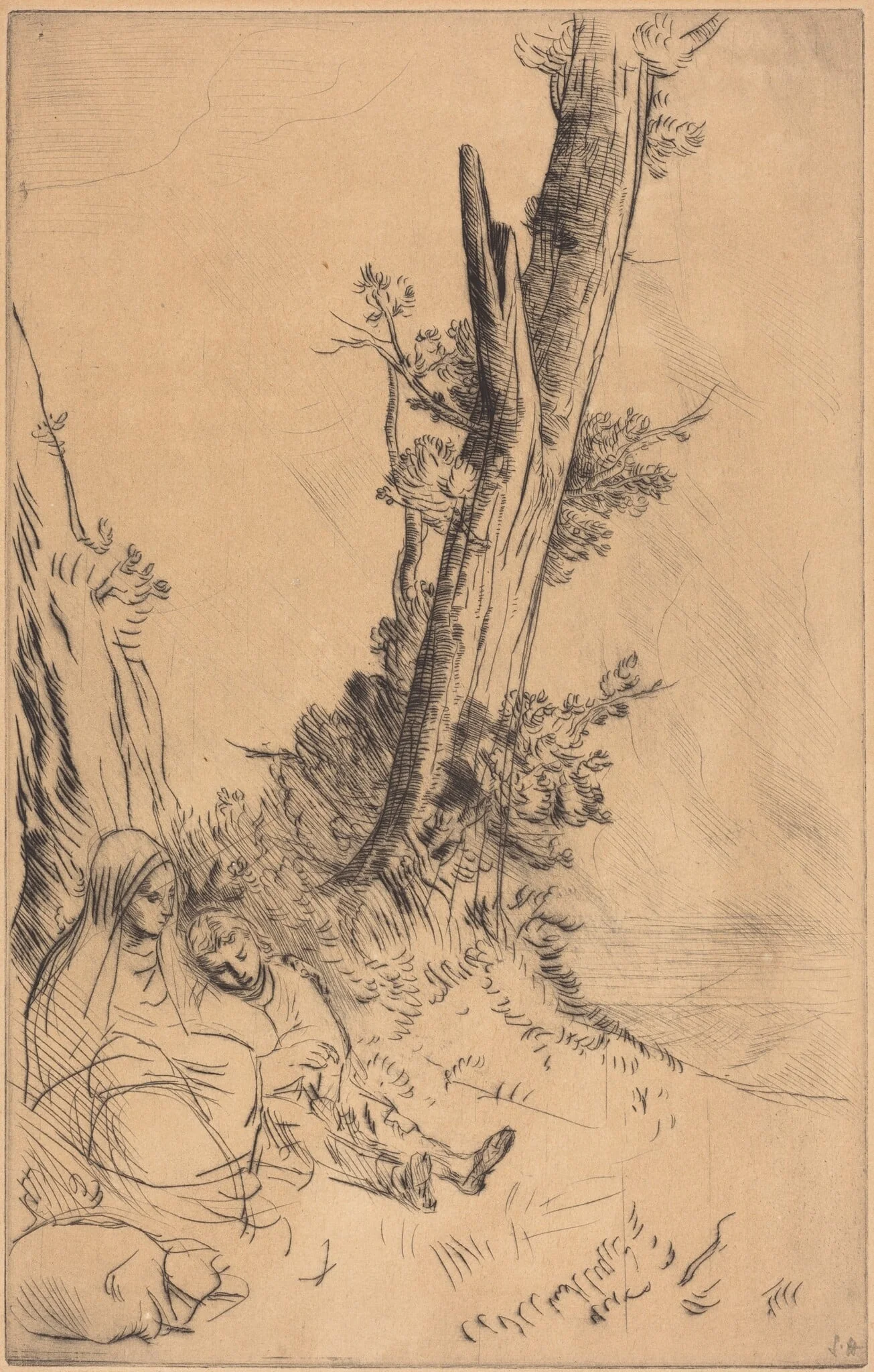 Travelers Resting (Les voyageurs fatigues), by Alphonse Legros, ink, 1874