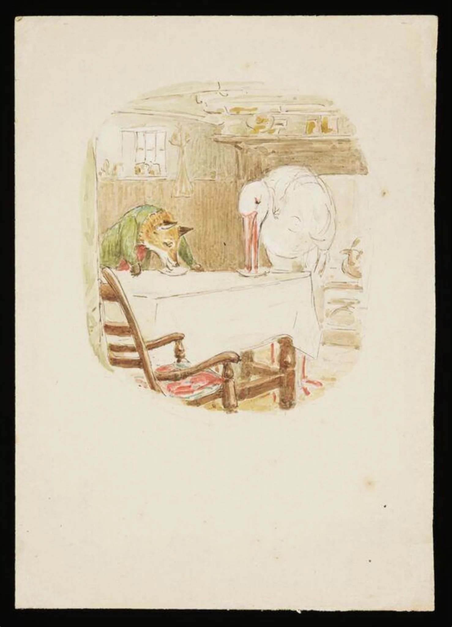 The fox and the stork eating a meal
