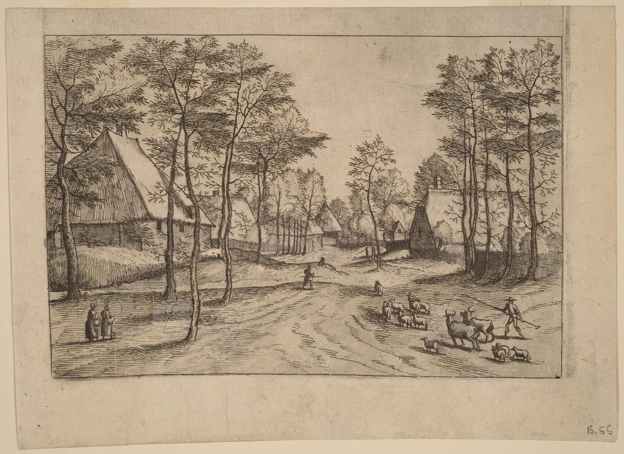 Village Street, by Johannes van Doetechum the Elder, ink, 1560