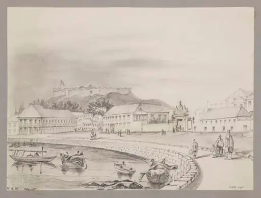 Houses of Mr. Whiteman ("the forty-pillared house") and Captain Elliott, and Monte Fort, Macao